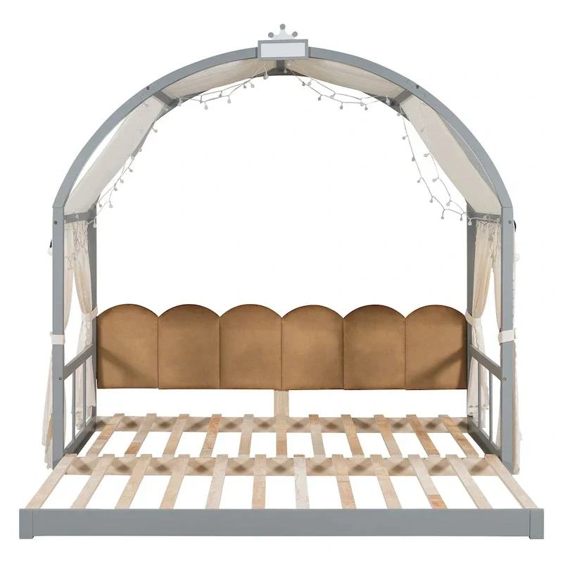 Gray Twin Bed with Arched Canopy and Trundle