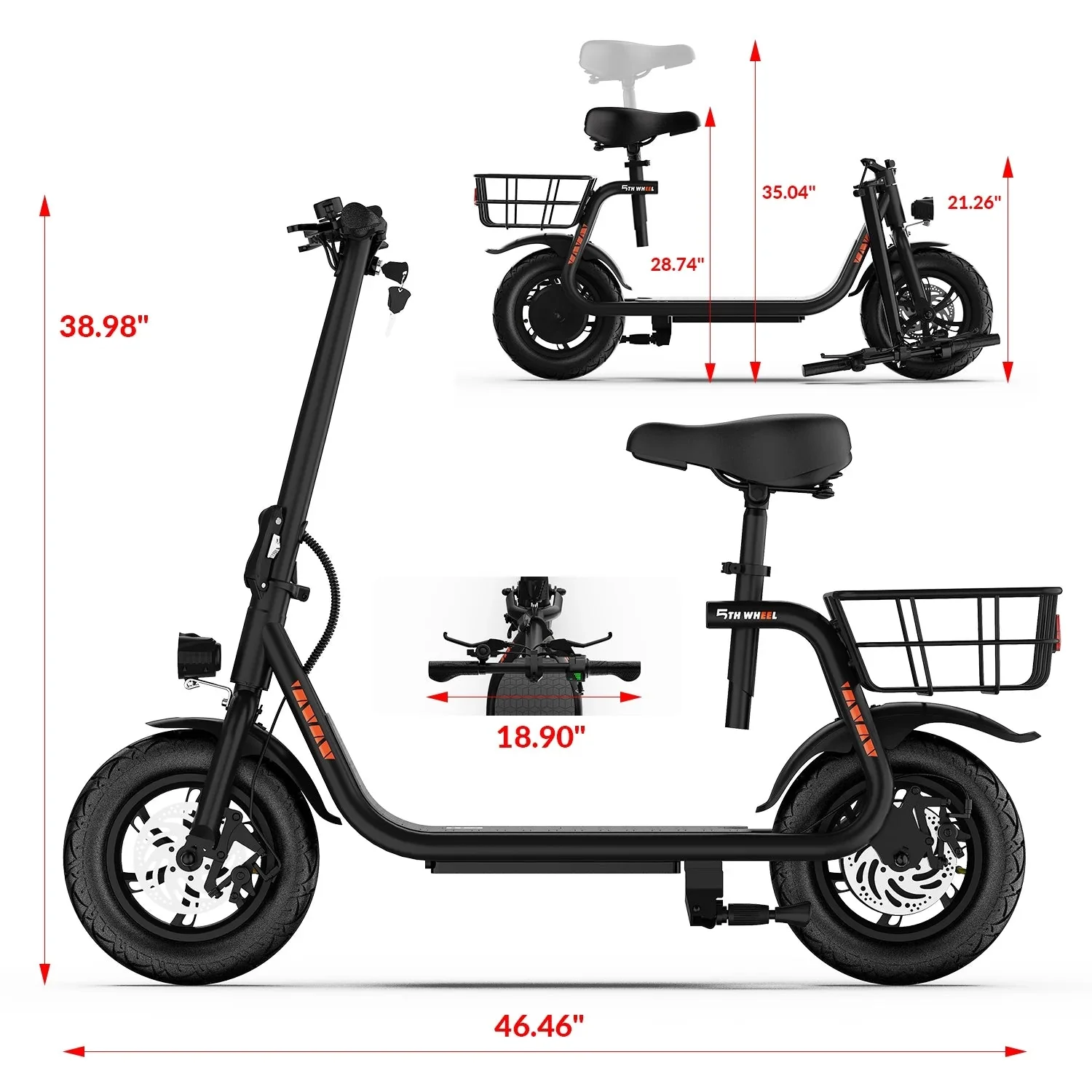 5TH WHEEL Electric Scooter With Seat And Carry Basket, 450W, 36V, 20-Mile Range, 15.5 Mph, 12 Inch - W18S - Image 9 5TH WHEEL Electric Scooter With Seat And Carry Basket, 450W, 36V, 20-Mile Range, 15.5 Mph, 12 Inch - W18S - Image 9