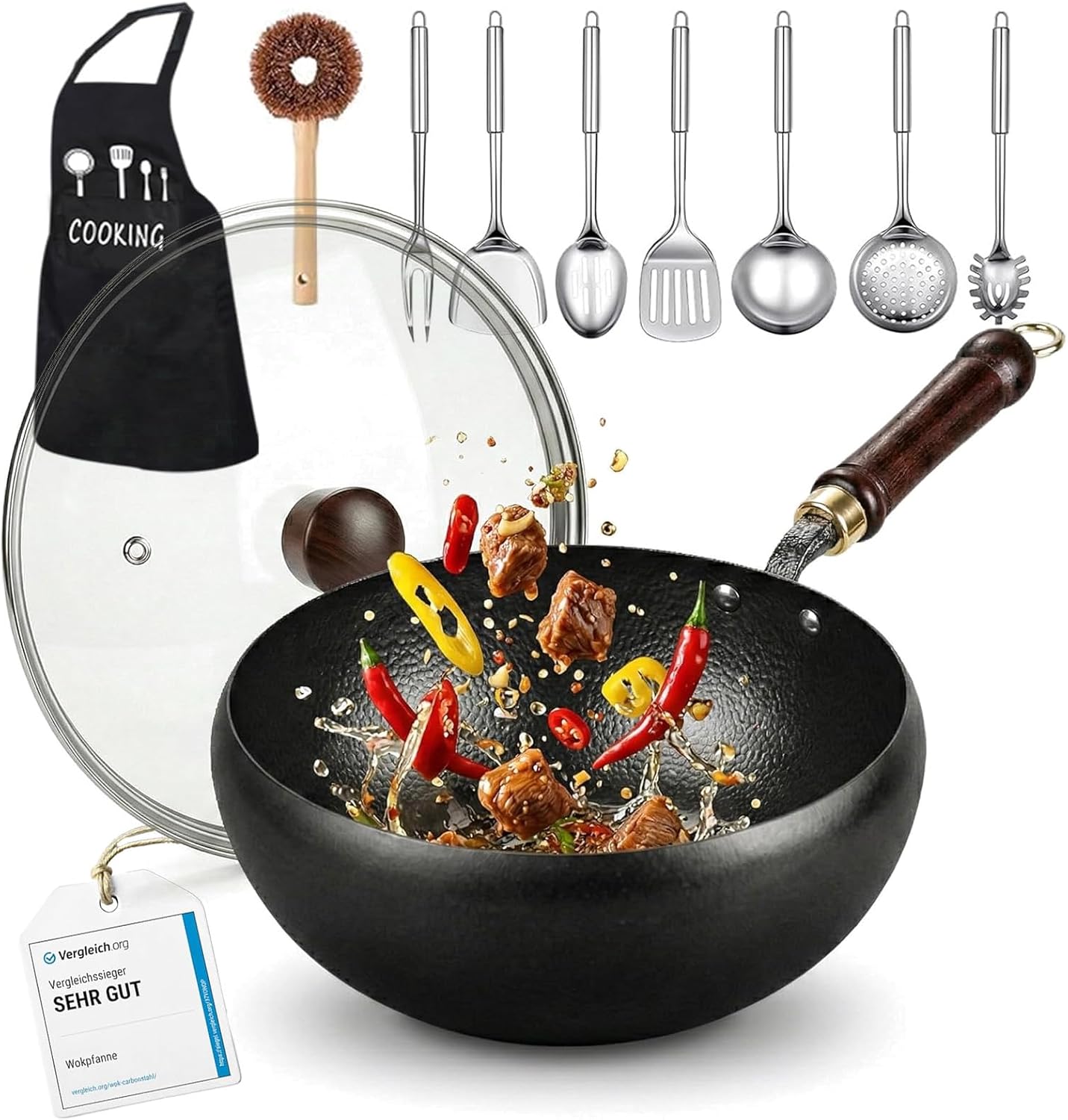 Japanese Cast Iron Wok Pan - Uncoated Healthy Cooking Pot with Lid, Japanese Cast Iron Pot, Hand-Hammered Uncoated Healthy Non Stick Frying Pans Made in Japan (Hand-Hammered + Wood Lid, 9.5'')