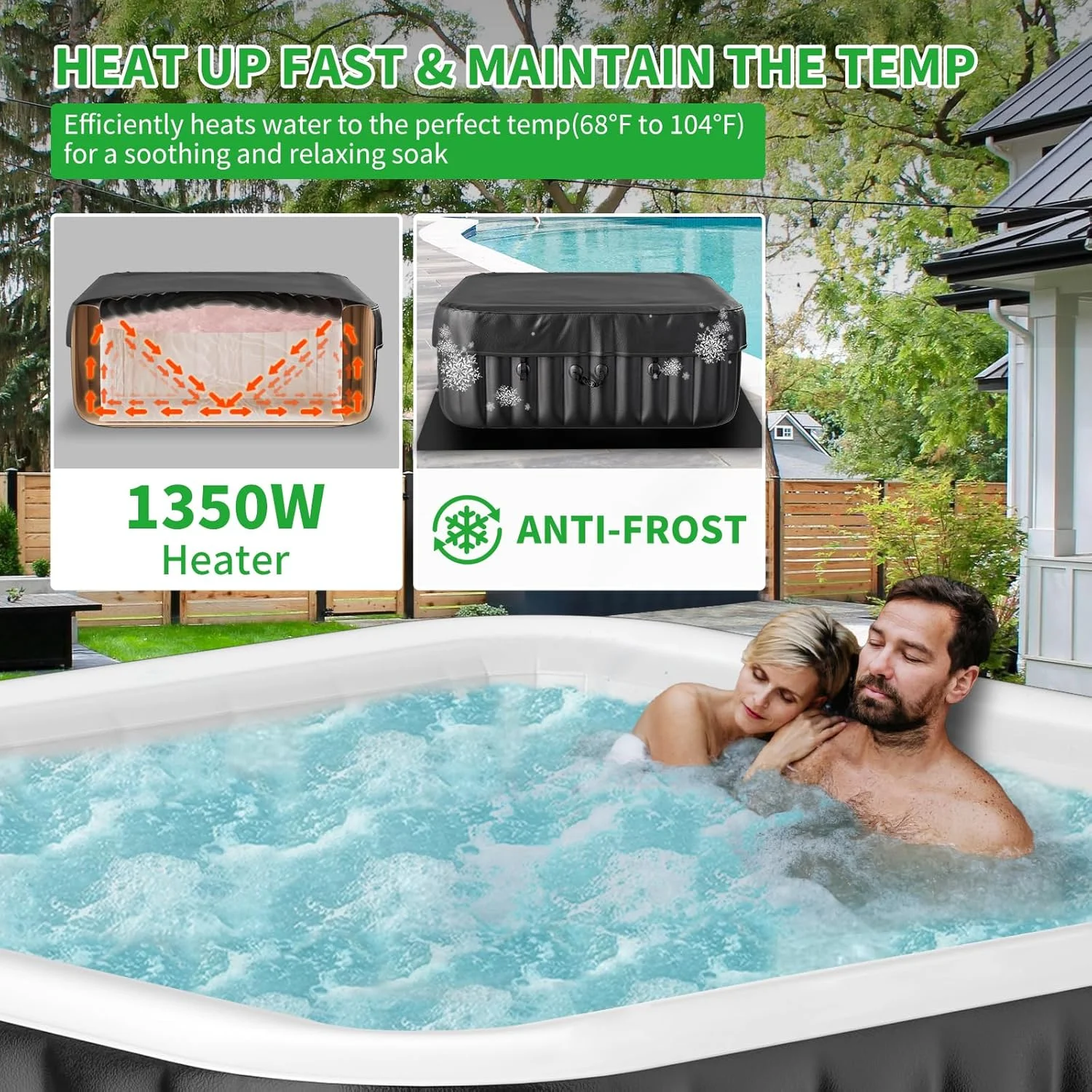 Sunyrisy 4-6 Person Inflatable Hot Tub, Square Blow Up Portable Hot Tub, Leak-Proof PVC Outdoor Spa with 130 Strong Air Jets, Heater Pump and Insulated Cover, 73- X 73-X 25- - Image 3