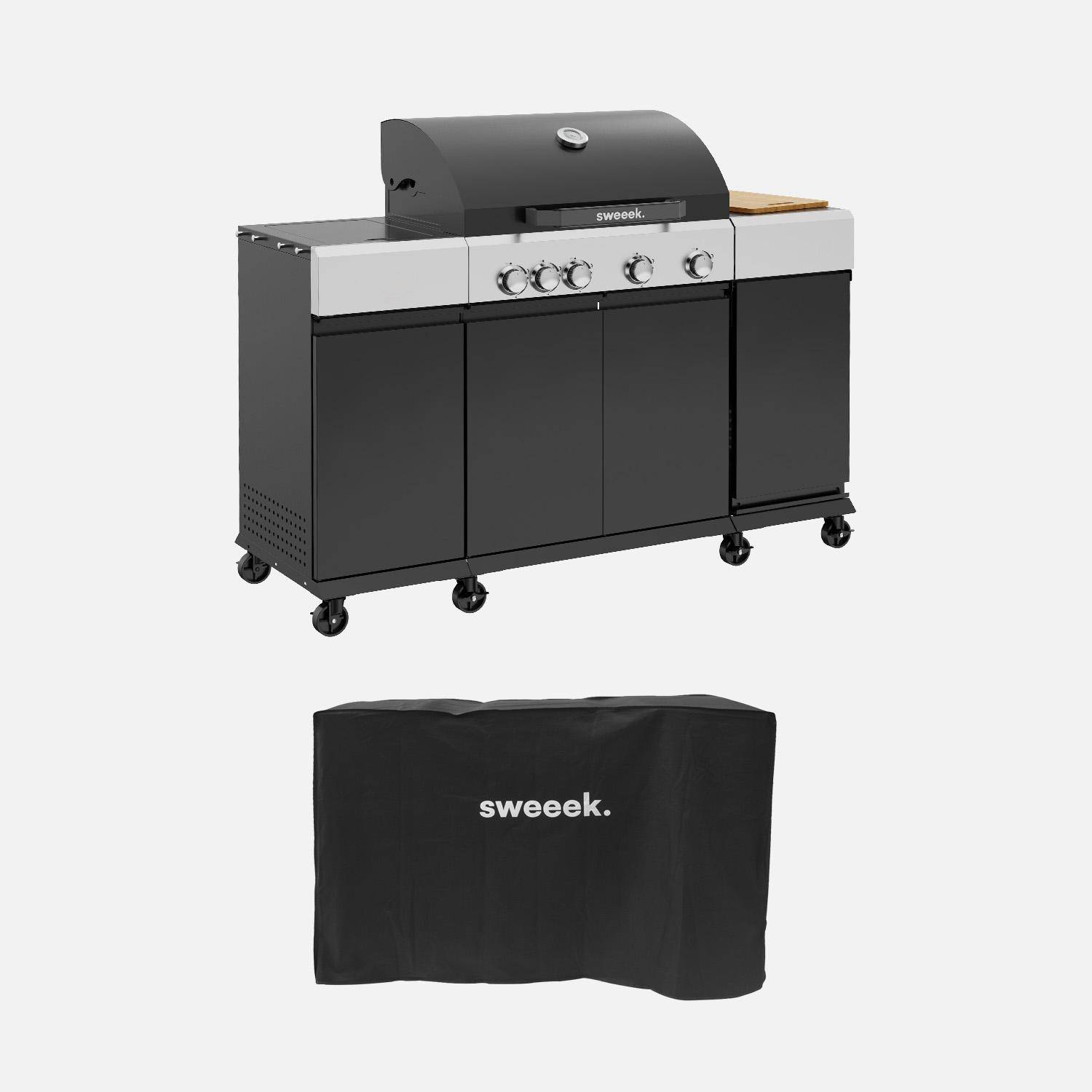 Maxim con funda - Barbacoa de gas con 4 quemadores, 1 fuego lateral, cocina exterior con estantes, termómetro y funda