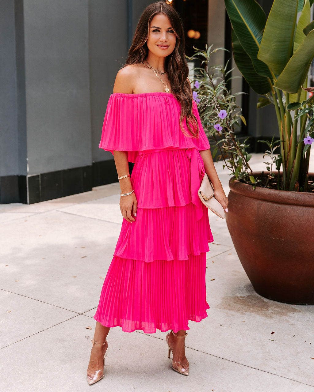Simaria Pleated Tiered Midi Dress - Hot Pink - FINAL SALE - Se7enfashion