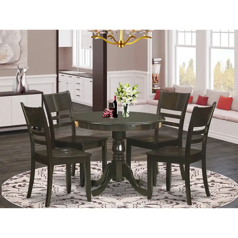 East West Furniture 5-Piece Round Dining Set - Cappuccino Kitchen Table with 4 Chairs (Seat Options Available)
