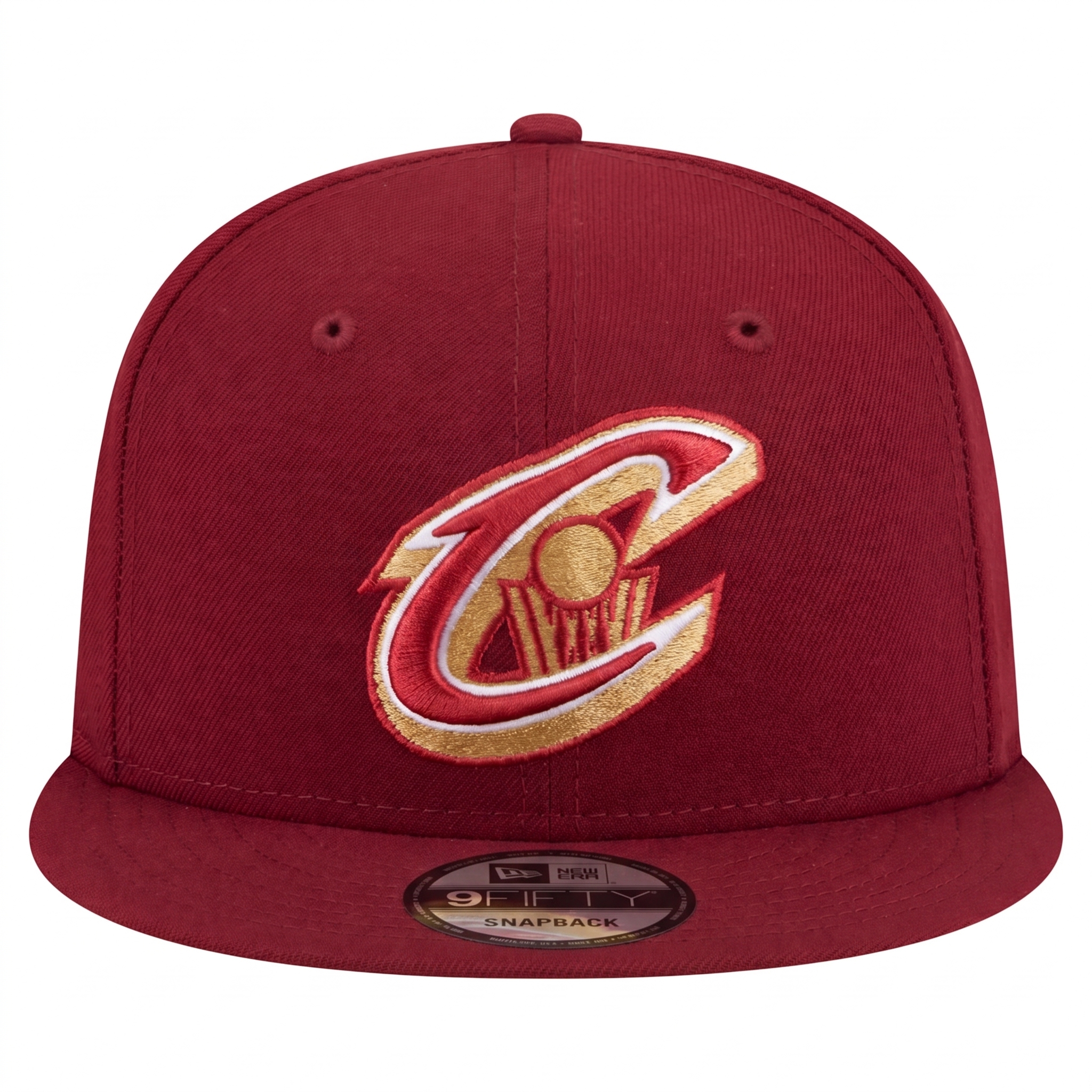 Right side angle of the Cleveland Cavaliers 9FIFTY snapback hat displaying the secondary gold C logo embroidery.