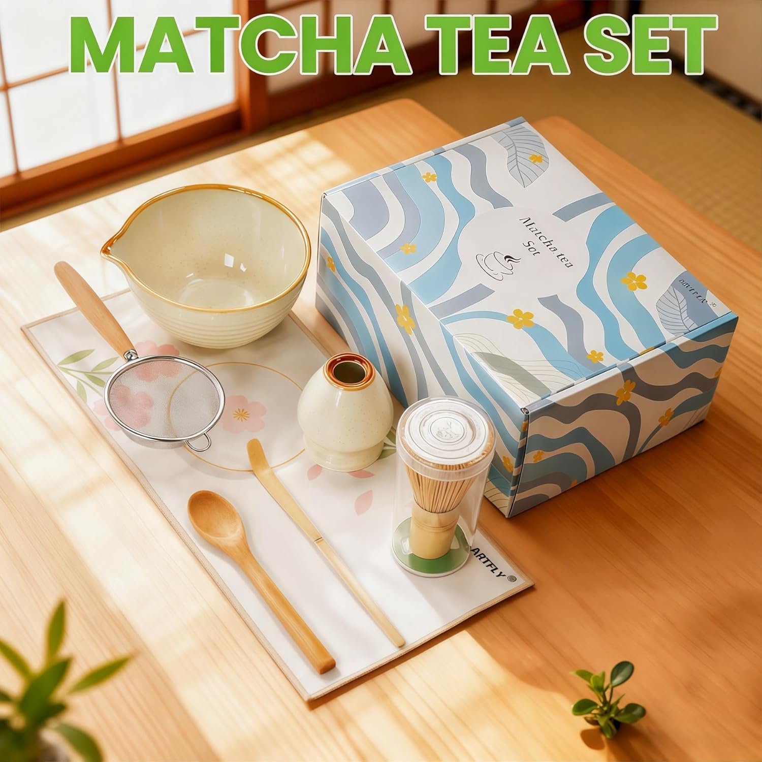 Matcha Set 7 Pcs, Japanese Matcha Kit for Beginners with Ceramic Bowl, Bamboo Whisk, Whisk Holder, Sifter, Chashaku Scoop and Tea Towel, Matcha Tea Set for Home, Latte and Gifts