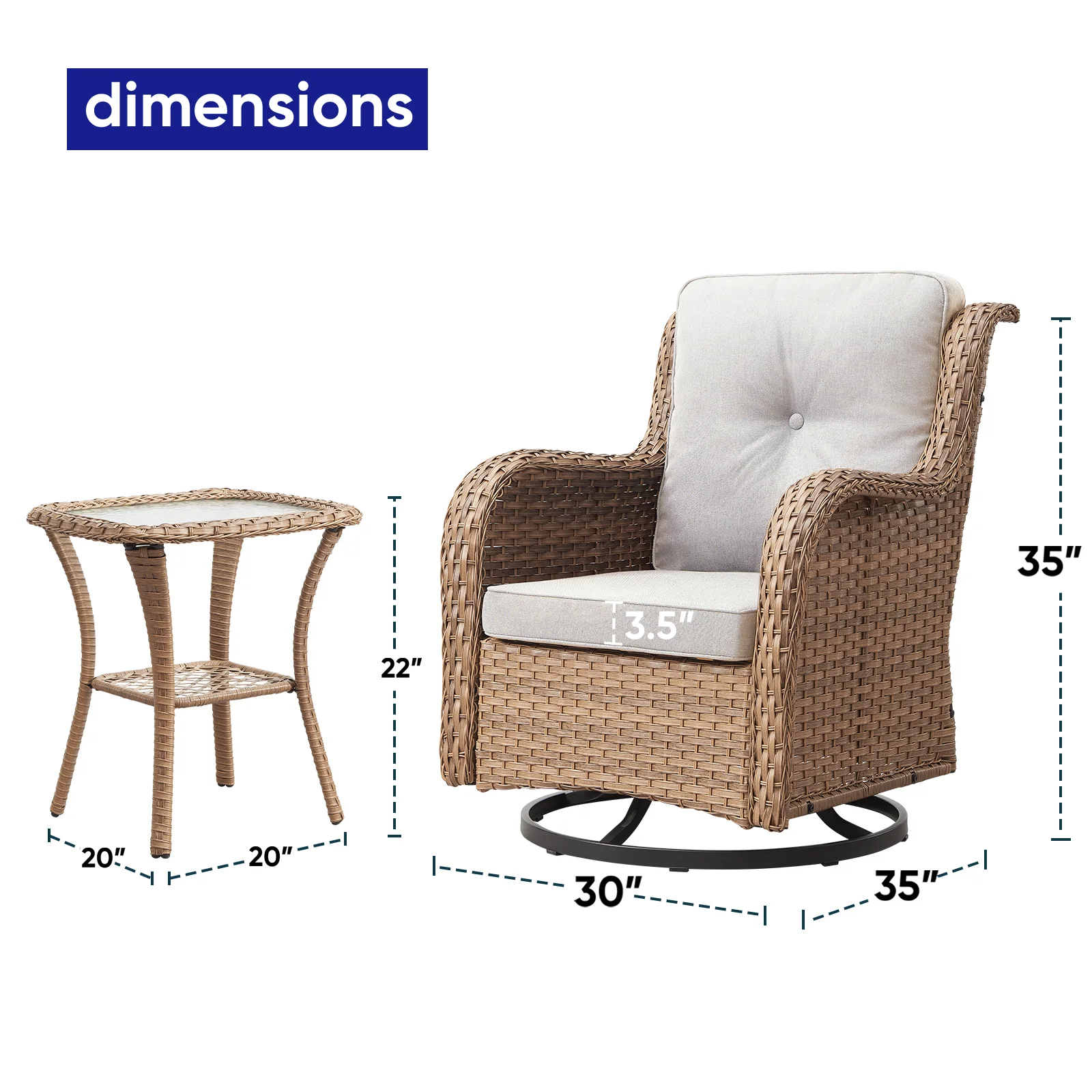 POCASSY 3 Piece Patio Set Outdoor Wicker Glider Rocking and Swivel Chairs with Cushions - Image 4
