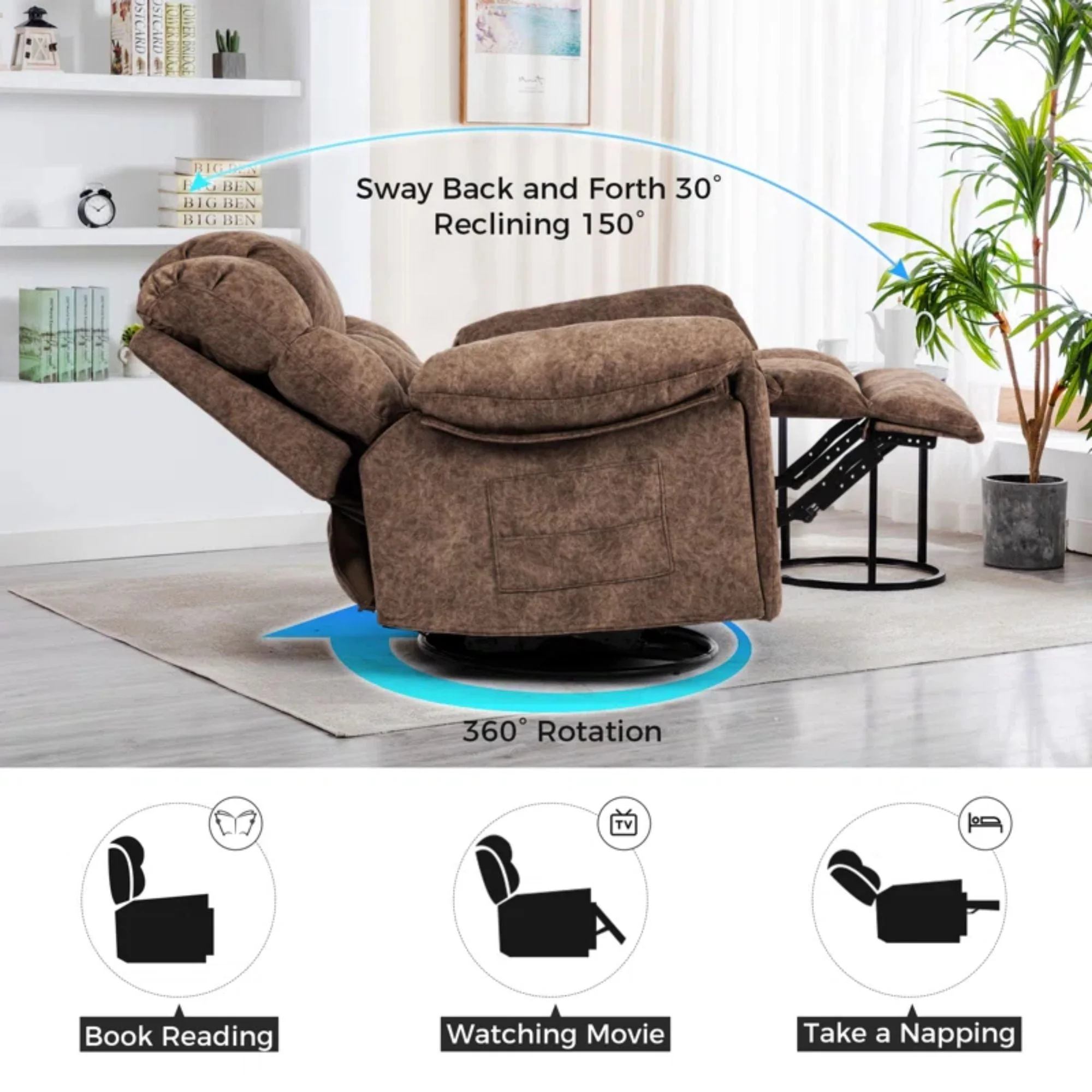 Colerline 35.43" Wide Modern Velvet Upholstered Heating & Massage Swivel Reclining Rocker Chair with Hidden Cupholders for Living Room and Bedroom, Brown - Image 8
