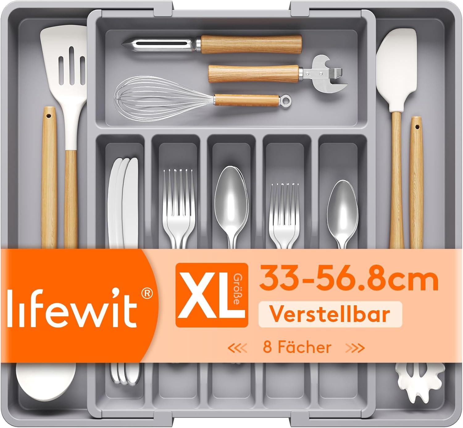 Lifewit Silverware Drawer Organizer, Expandable Utensil Tray for Kitchen, BPA Free Flatware and Cutlery Holder, Adjustable Plastic Storage for Spoons Forks Knives, 8.9-14.7 x 12.2