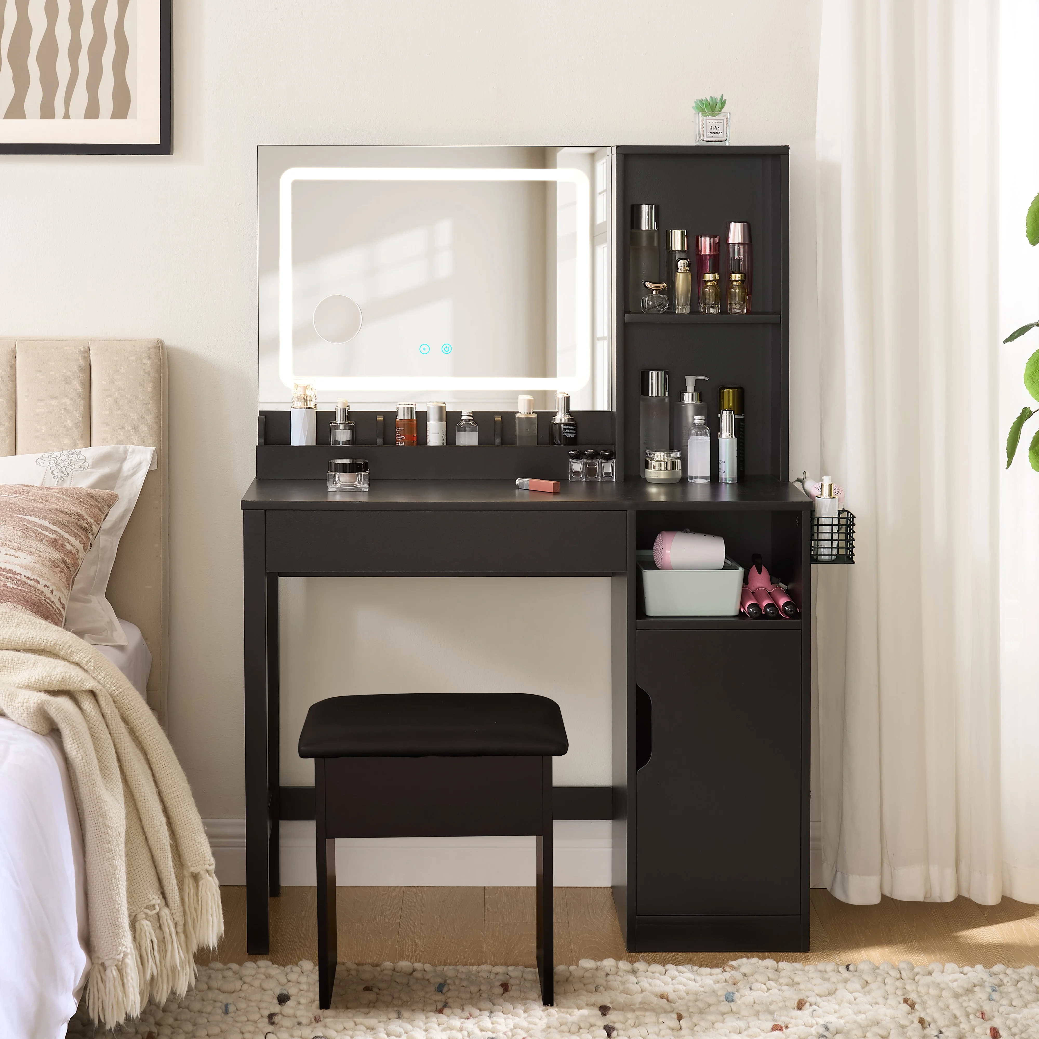 Mainstays Get Ready with Me GRWM Deluxe 2-Piece Vanity and Stool with Lighted Mirror and USB Power, White Finish - Image 29