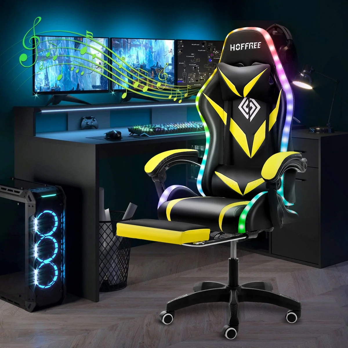 Hoffree Gaming Chair with Speakers PU Leather Office Chair with Footrest and LED Lights Ergonomic Gamer Chair with Massage Lumbar Support and Headrest Adjustable Swivel for Home Office 300lb - Image 36