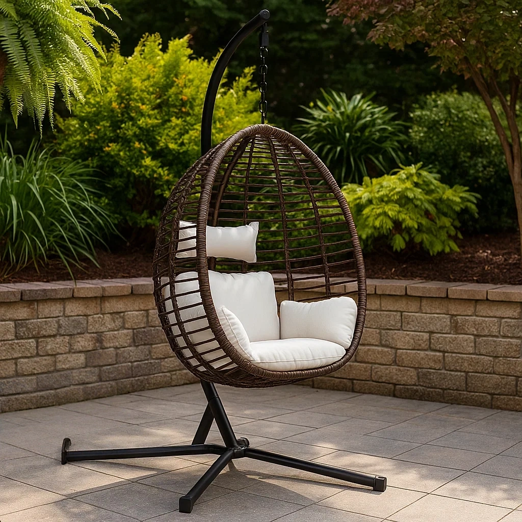 Sillón colgante de ratán,con soporte metálico,color marrón,cojines blancos,para uso exterior,80x75x195 cm - 7pA0oJHeSvYA