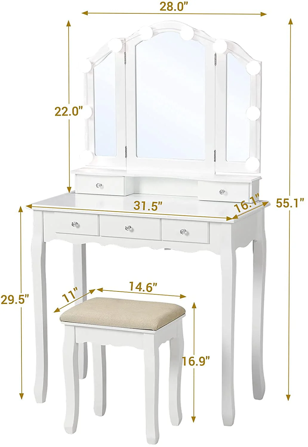 Makeup Vanity Set Desk Table with with Lights & Tri-Folding Mirror,Dressing Table with Cushion Stool & 5 Drawers, White - Image 12