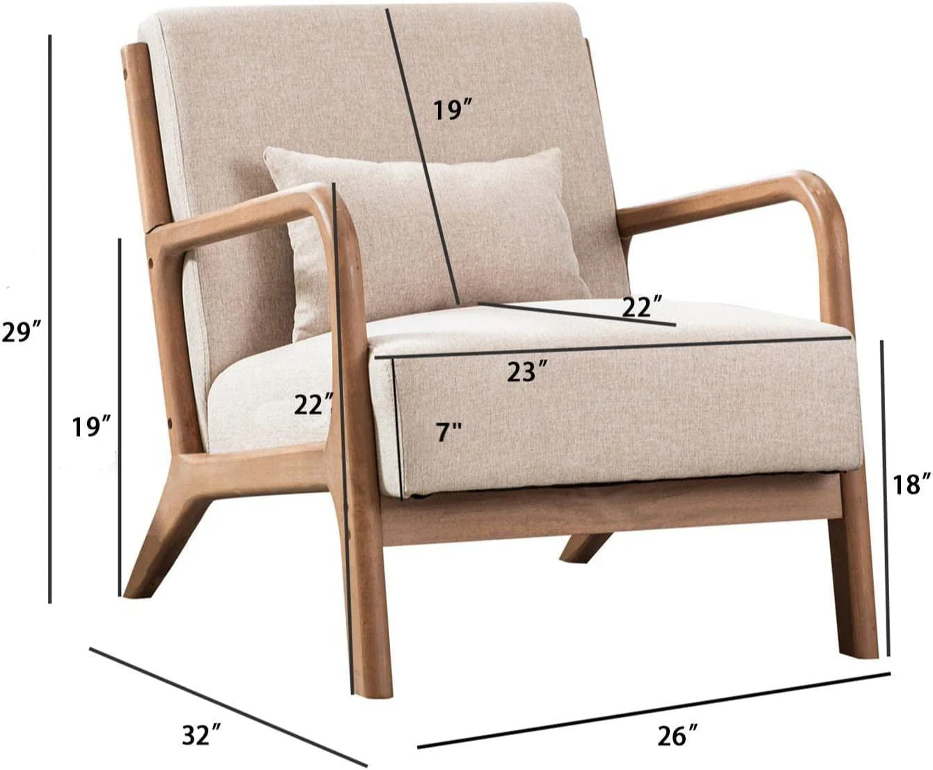 Bonzy Home Mid Century Modern Accent Chair, Single Fabric Lounge Reading Armchair with Solid Wood Frame, Easy Assembly Arm Chairs for Living Room, Beige - Image 5