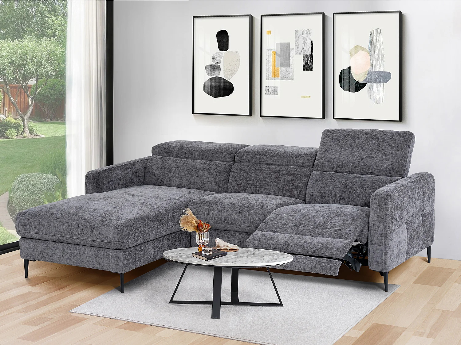 Sofá rinconera relax eléctrico de tela gris antracita FUSETA