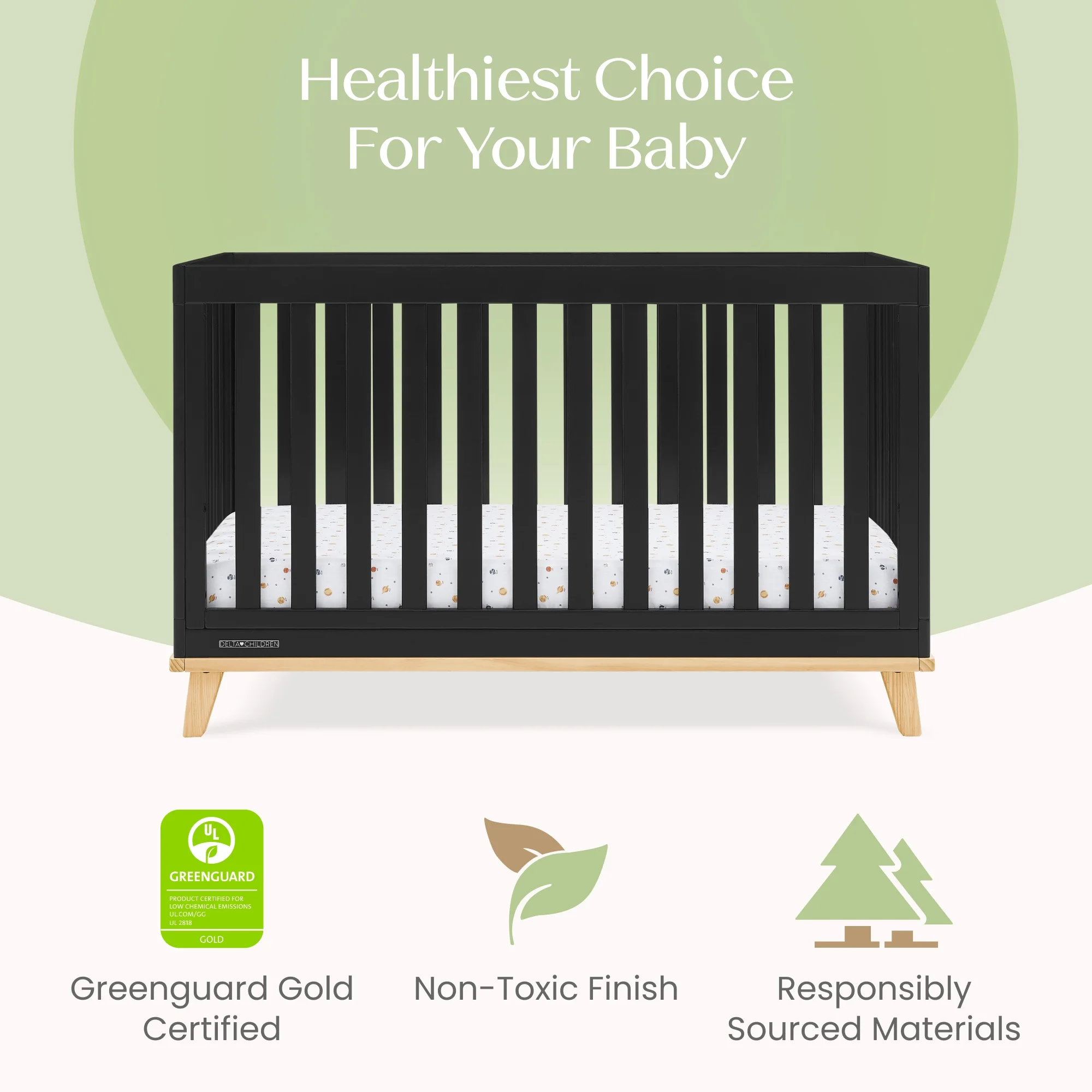 Delta Children Frankie 4-in-1 Convertible Crib - Greenguard Gold Certified, Black with Natural - Image 13