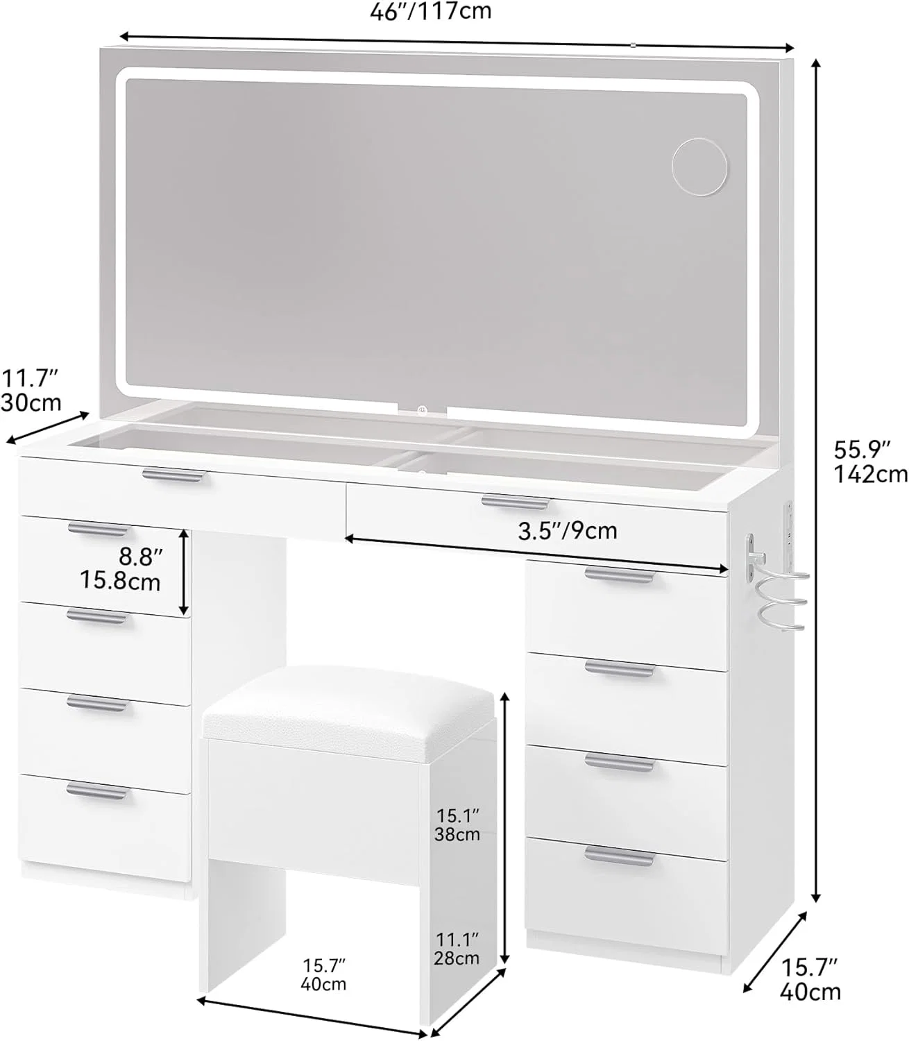 Vanity Set with LED Mirror, 10 Drawers, Stool Included
