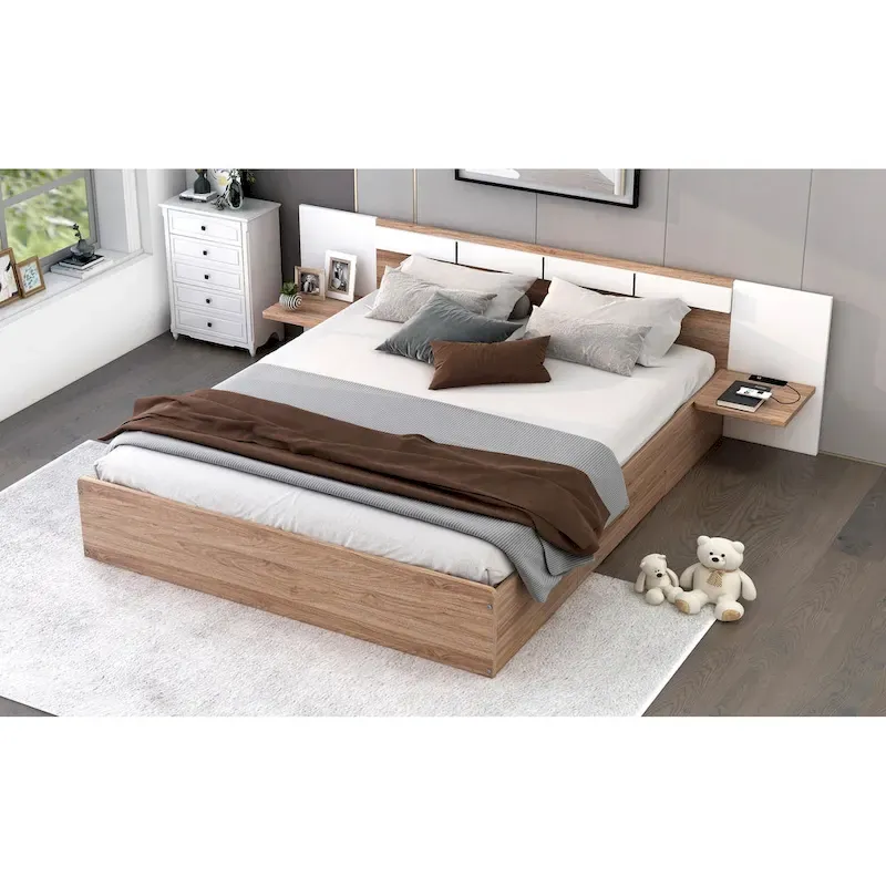 Natural Queen Size Platform Bed with Headboard, Storage Drawers, Shelves, USB Ports, and Outlets