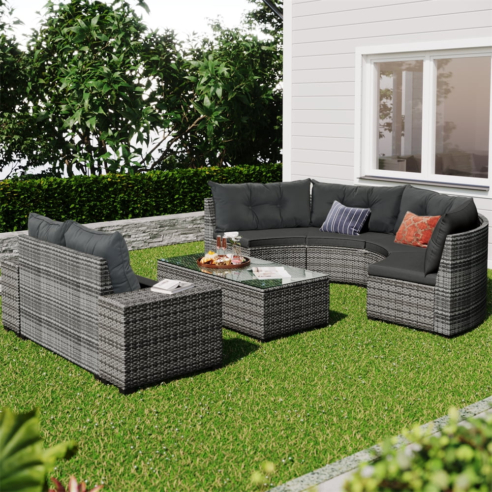 8 Pieces Outdoor Wicker Round Furniture Set, All Weather Half-Moon Sectional Patio Sofa Sets with Rectangular Coffee Table, Beige - Image 15