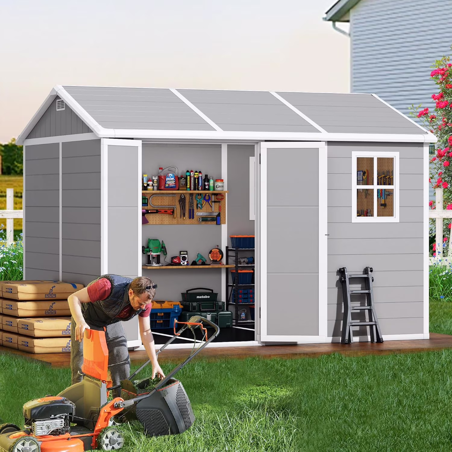 9 x 5.8 FT Outdoor Storage Shed, Linor Resin Shed with Floor, Window, and Vents, Weather-Resistant Garden Shed for Garden Tool Outside Sheds, Bike Shed, Backyard Shed - Image 3