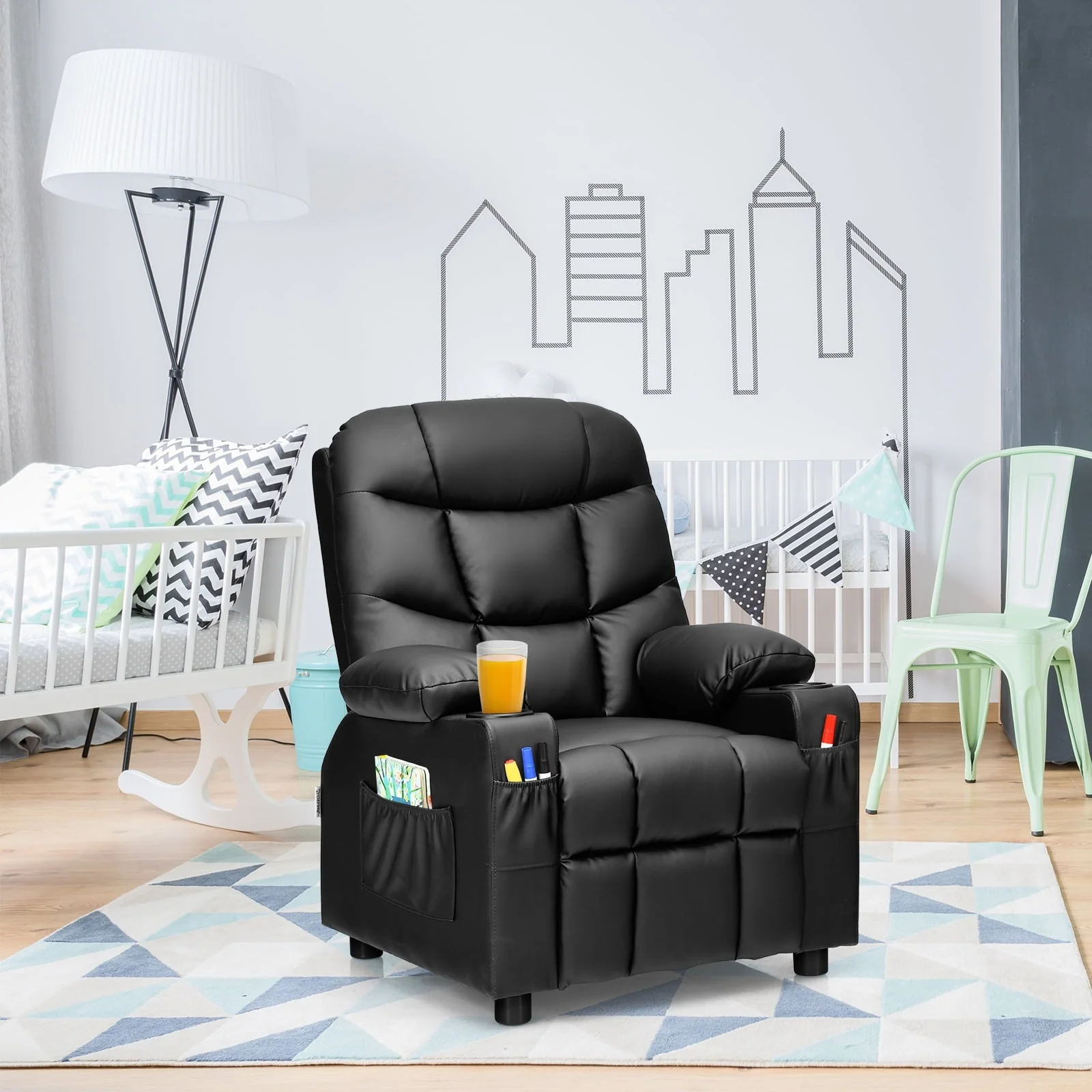 Infans Kids Youth Recliner Chair PU Leather w/Cup Holders & Side Pockets Black - Image 2