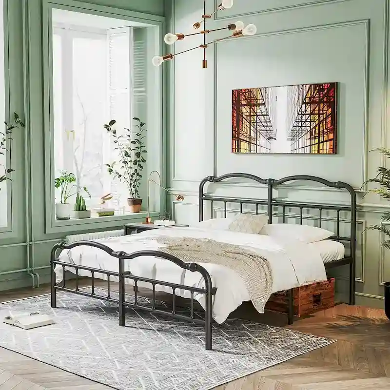 Sturdy 18-Inch High Steel Tube Iron Bed with Double Wave Headboard and Footboard
