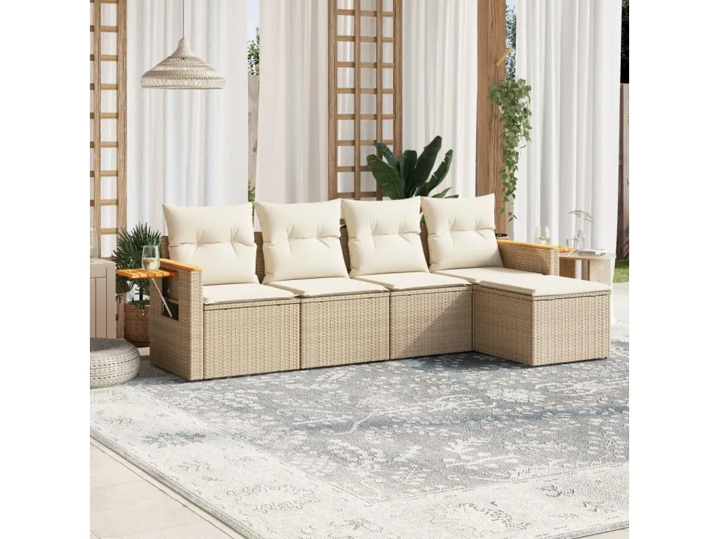 Juego de sofás jardín con cojines 5 pzas ratán sintético beige
