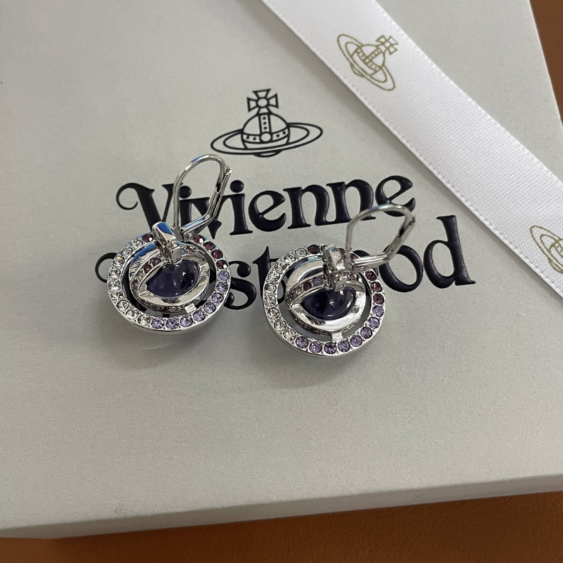 Vivienne Westwood Light Purple Crystal Ball Planet Saturn Earrings - Original Replica Club