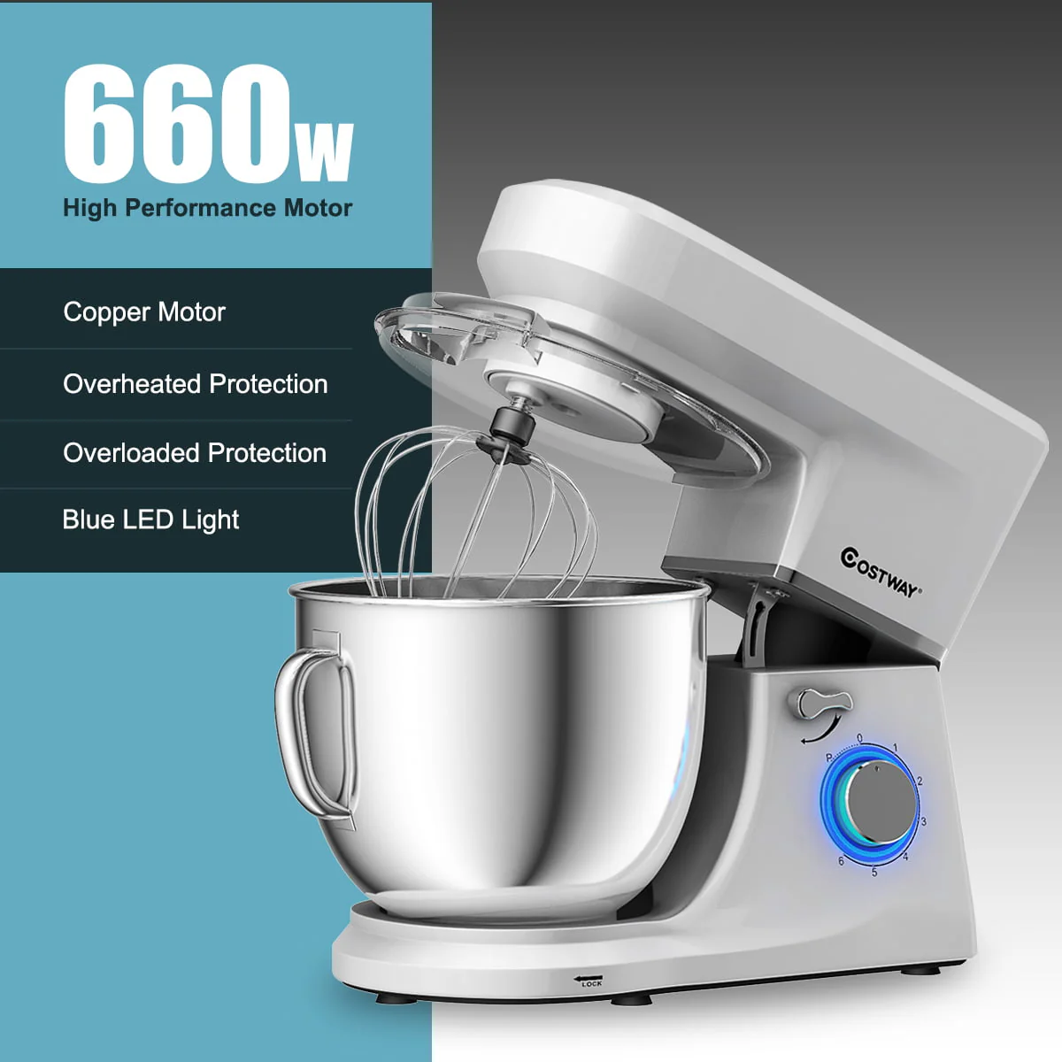 Costway Tilt-Head Stand Mixer 7.5 Qt 6 Speed 660W with Dough Hook, Whisk & Beater Silver - Image 8