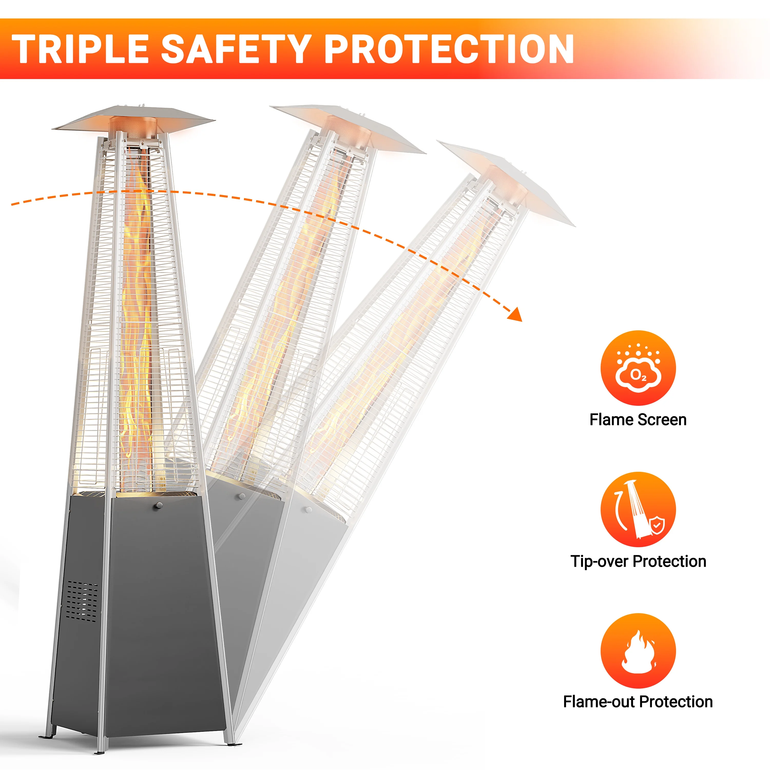 Segmart 48,000 BTU Pyramid Patio Heater, Tall Standing Outdoor Propane Heater with Wheels & Tip-Over Safety Protection, Visible Flame Glass Tube for Backyard, Garden, Commercial Use - Gray - Image 6
