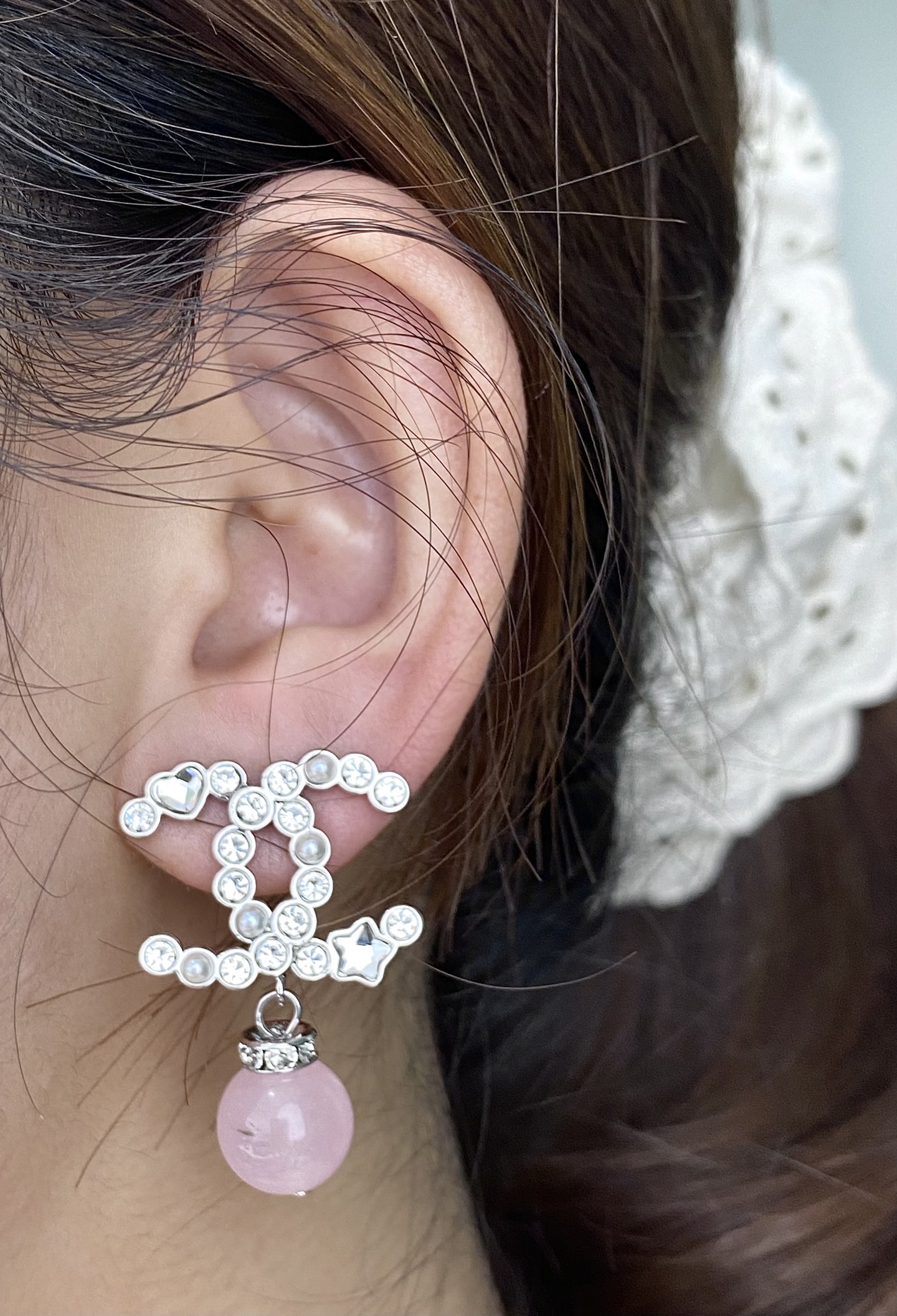Chanel Pink Crystal Pearl Dangle Rhinestone CC Earrings - Original Replica Club