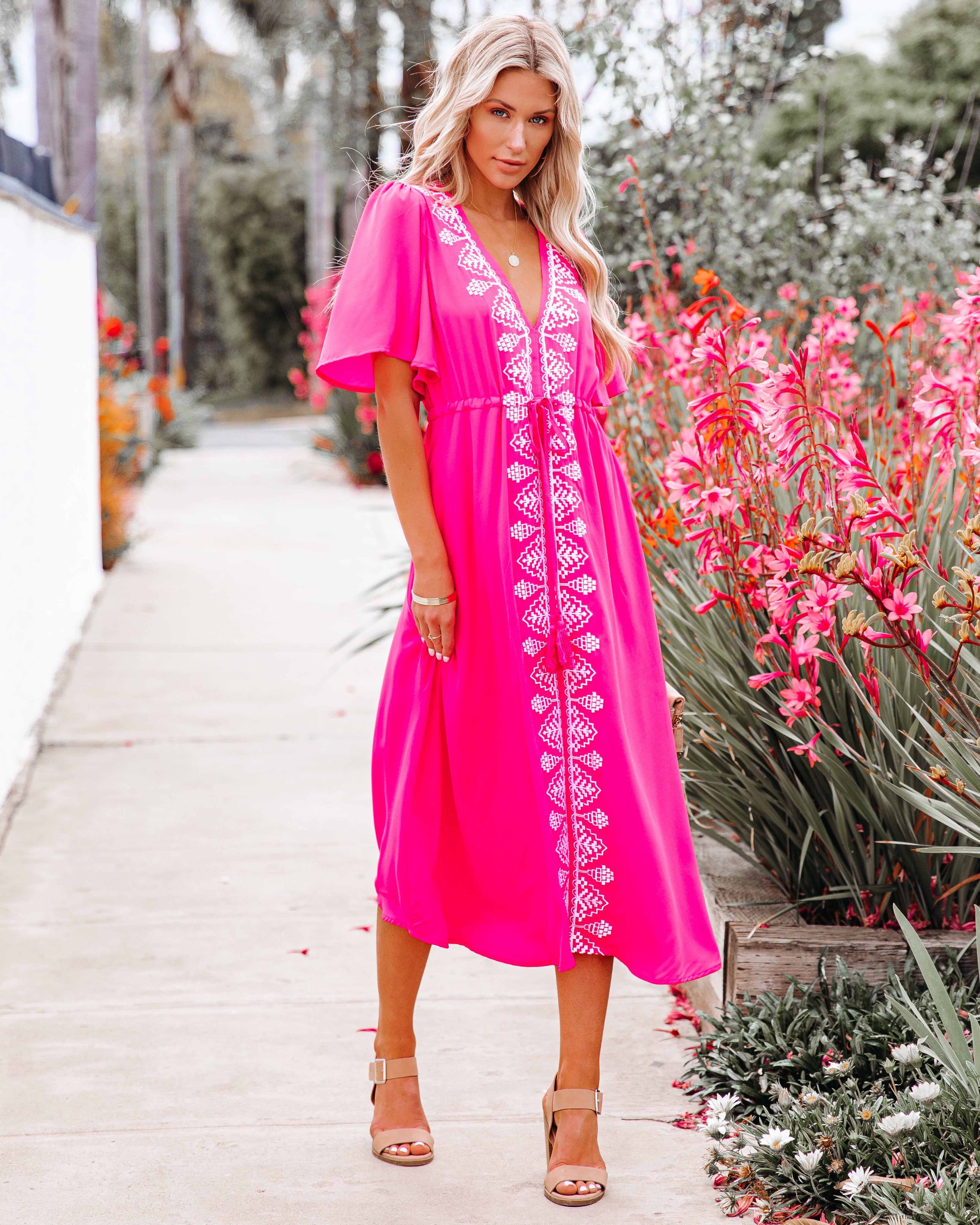 Presidio Embroidered Tassel Midi Dress - Fuchsia - FINAL SALE - Se7enfashion