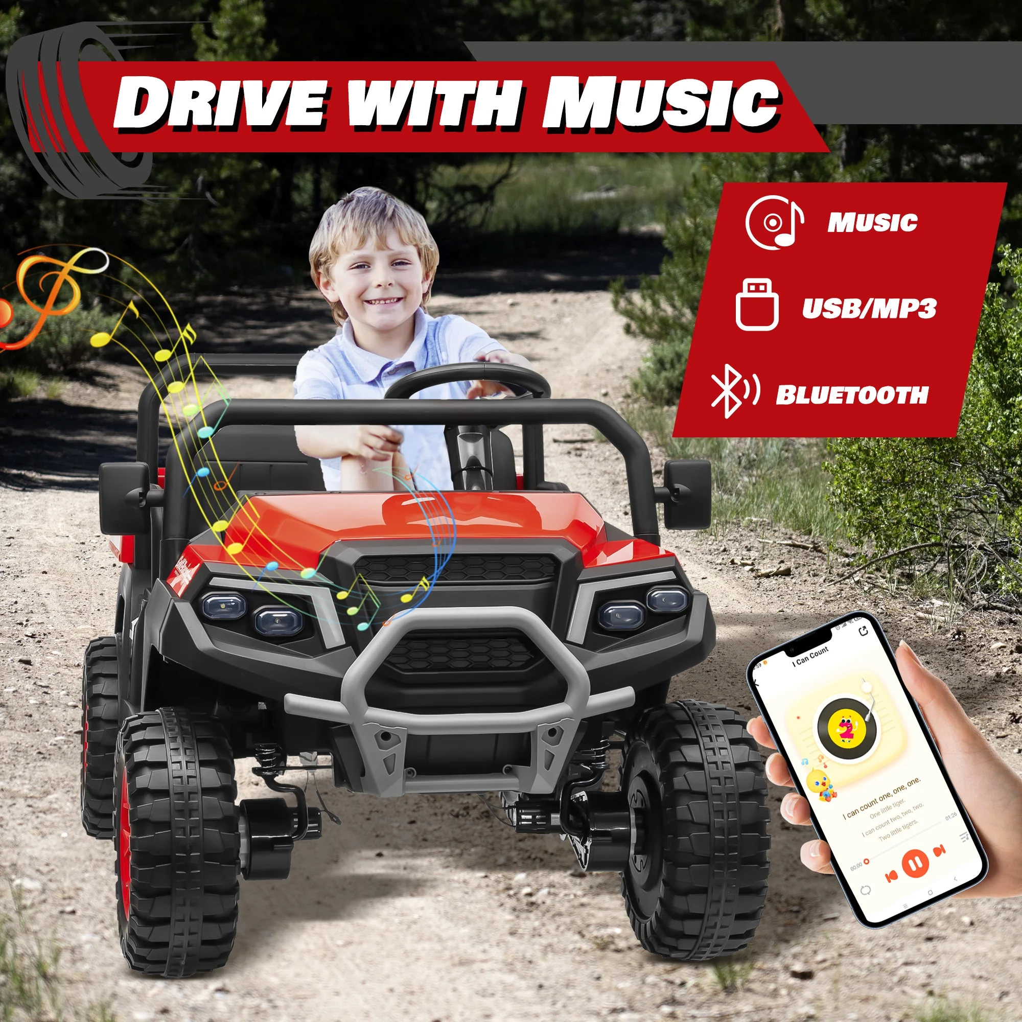 Joyracer 4WD 24 Volt Ride on Toys UTV with 2 Seater & Remote Control, Kids Electric Golf Cart w/ 4x200W Power Motors, Tiltable Trailer & Shovel, 4 Wheels Spring Suspension, Bluetooth USB Music, Black - Image 33