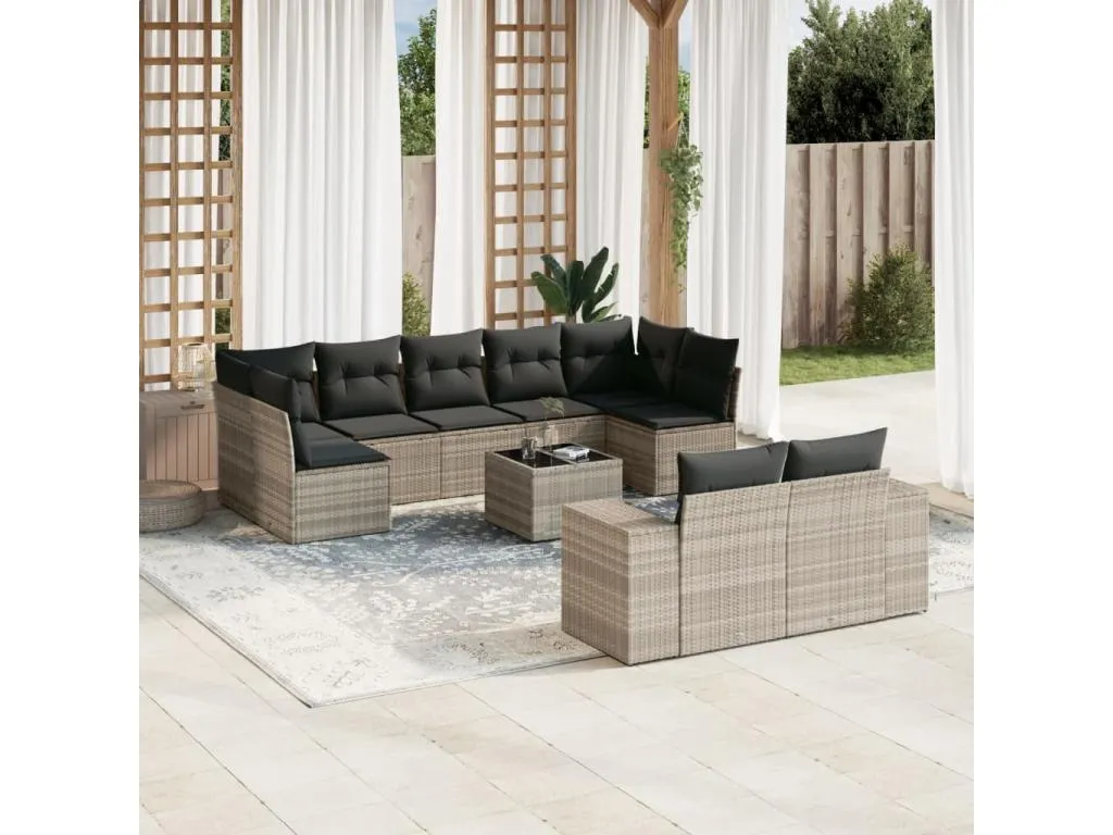 Set sofás jardín 10 pzas con cojines ratán sintético gris claro