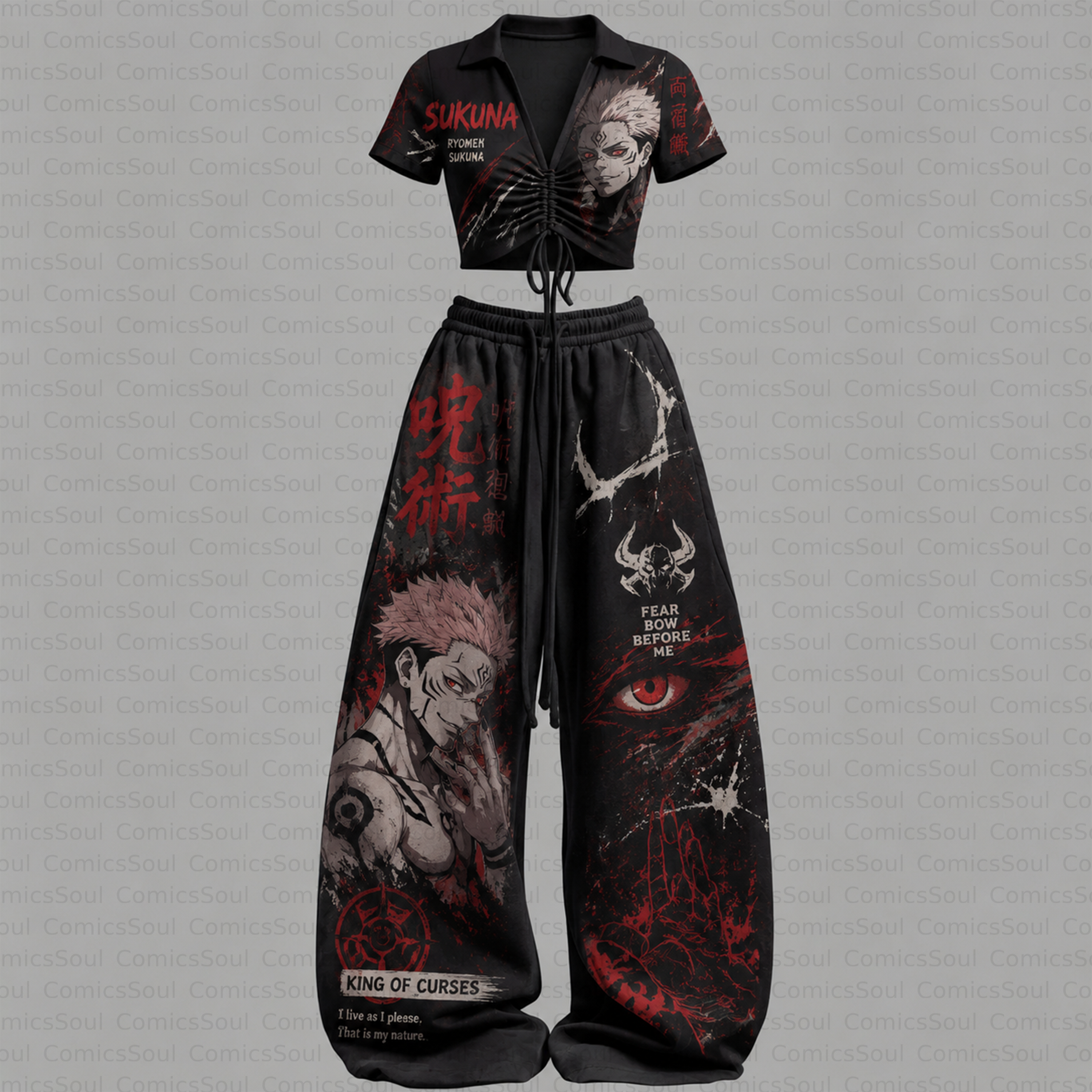 Jujutsu Kaisen Drawstring Short Sleeve Top & Long Pants Two-Piece Set TeeThreads Sustain the Scene with Custom Apparel