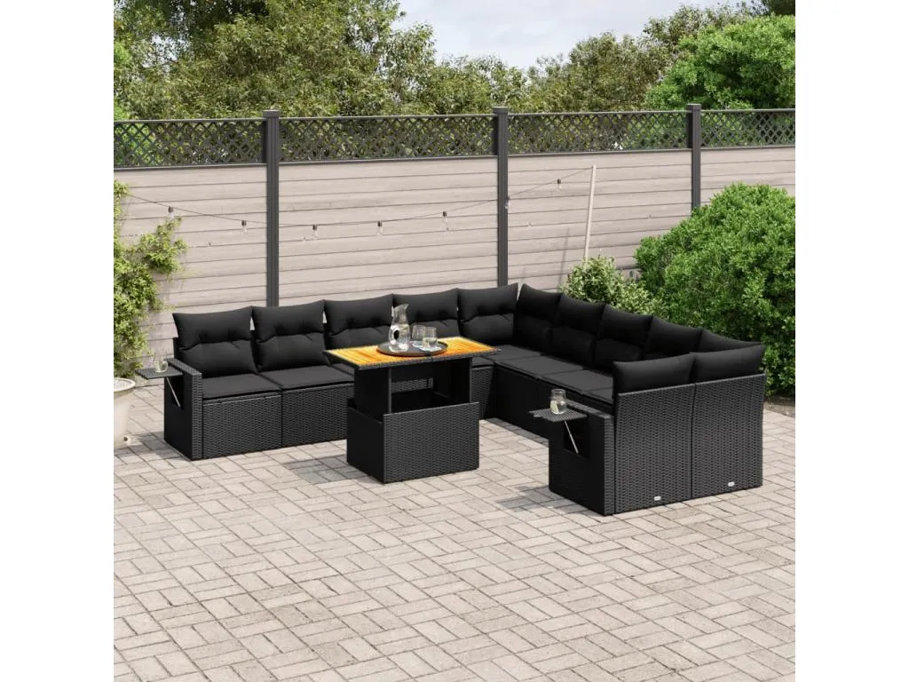 Set de sofás de jardín 11 pzas y cojines ratán sintético negro