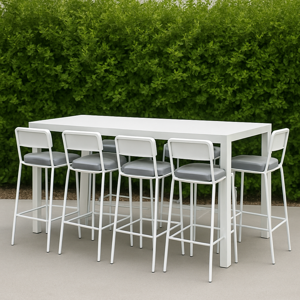 Bar de jardín mesa alta con taburetes y cojines, blanco, acero y poliéster, para exterior, 140 cm largo x 50 cm ancho x 110 cm alto