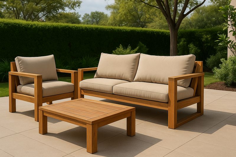 Conjunto de Muebles de Jardín de 3 Piezas con Sofá y Sillones de Madera de Teca Cojines Beige Mesa 2 Asientos 75x80x70 cm