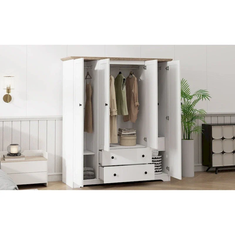 Freestanding 4-Door Wardrobe Armoire with 2 Drawers and Hanging Rods for Clothes Storage