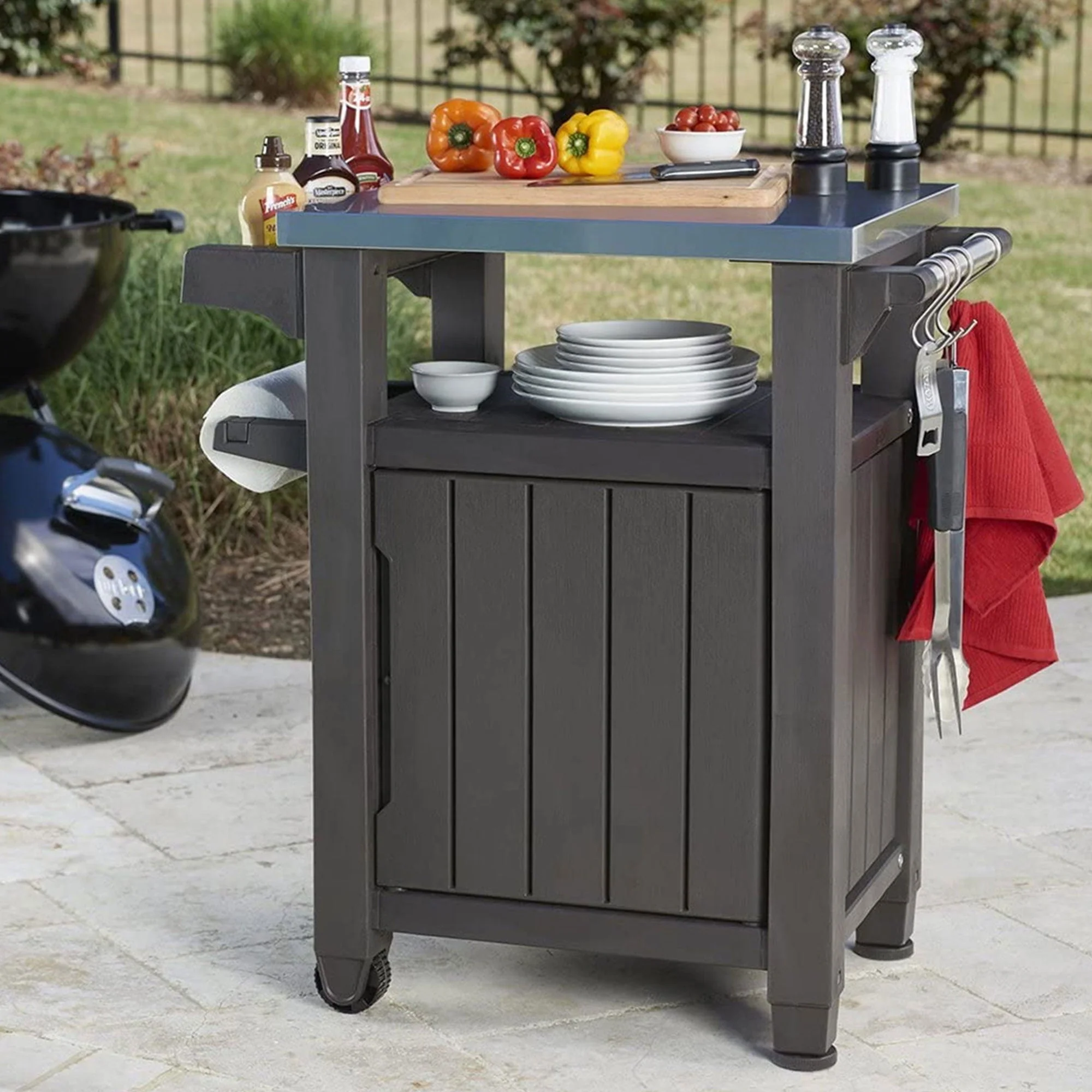 Keter Unity 40 Gal Patio Storage Grilling Bar Cart w/Stainless Top, Brown - Image 10