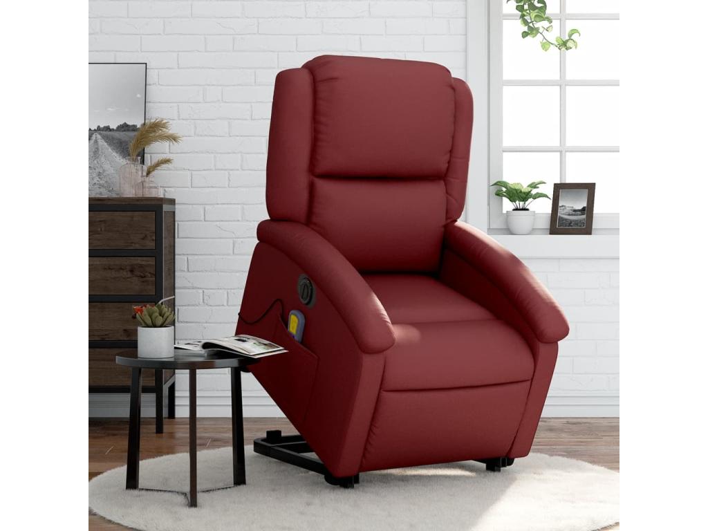 Sillón de masaje elevable eléctrico cuero artificial rojo tinto
