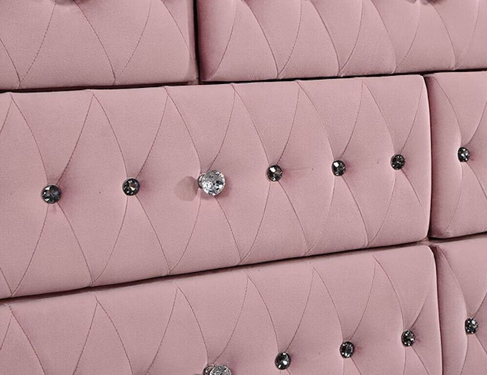Glam Pink Upholstered Tufted Velvet Like Fabric 4pc Full Size Bed Set Dresser Mirror Nightstand Bedroom Furniture - Image 6