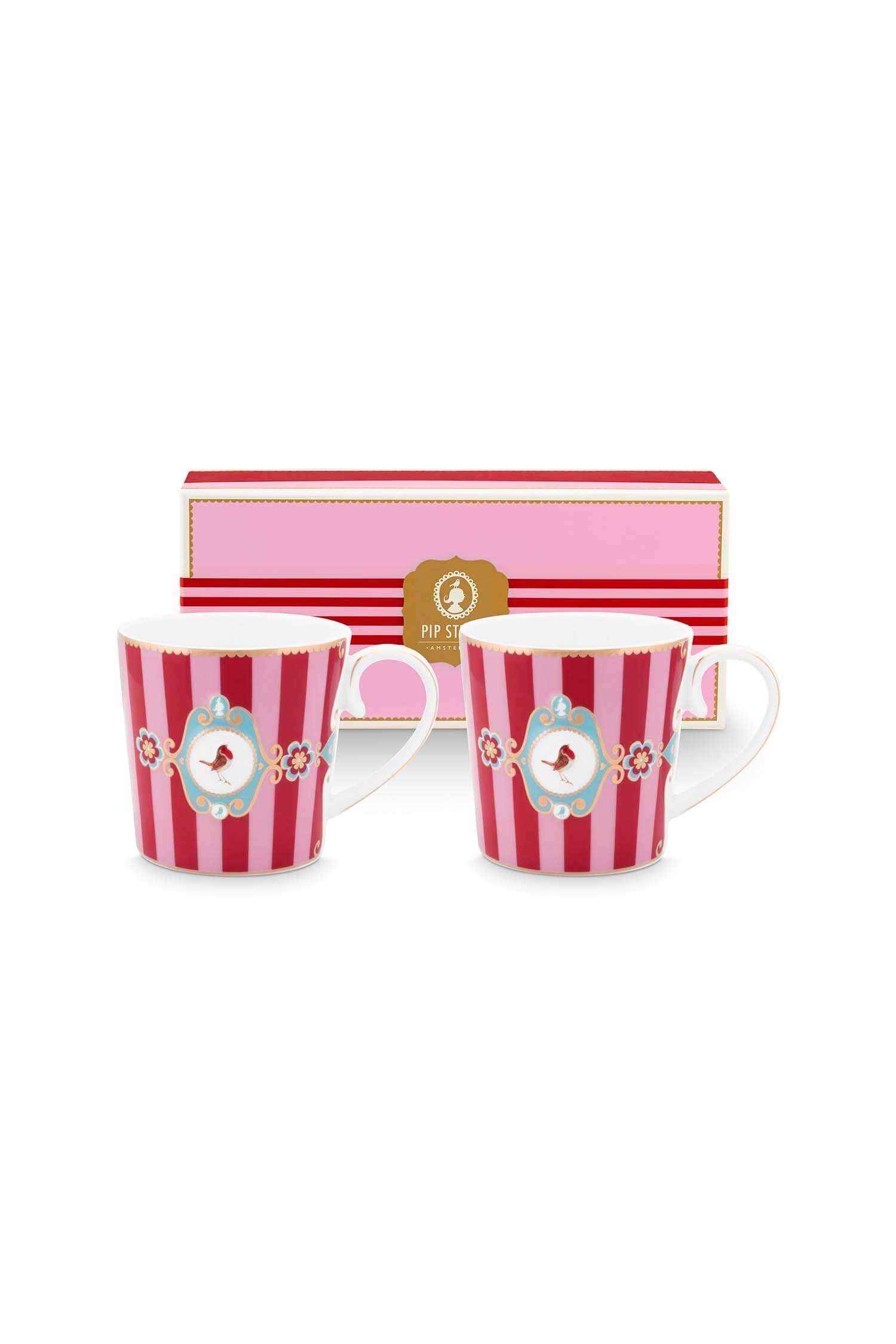 Set/2 Mugs Large Love Birds Medallion Stripes Red-Pink