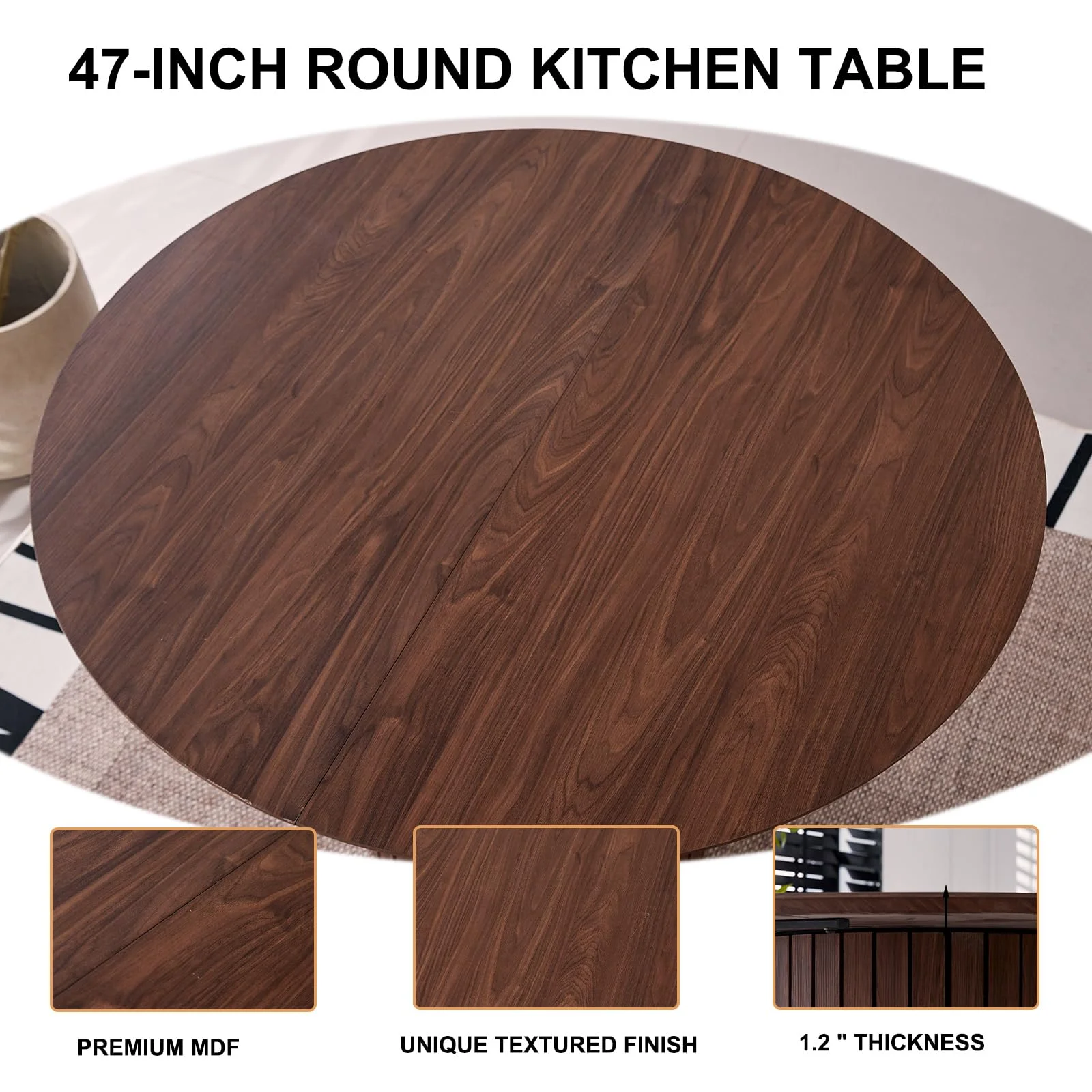 5 Piece Round Dining Table Set - Mid-Century 47 inch Oak Dining Table with 4 Brown Faux Leather Chairs Set, Dinner Table & Chair with Metal Legs for Kitchen Dining Room, Apartment, Bedroom - Image 20