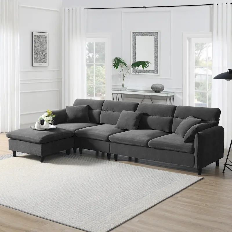 110-Inch L-Shaped 5-Seater Sectional Sofa with Removable Ottoman, Cloud Chenille Fabric, and 5 Cushions