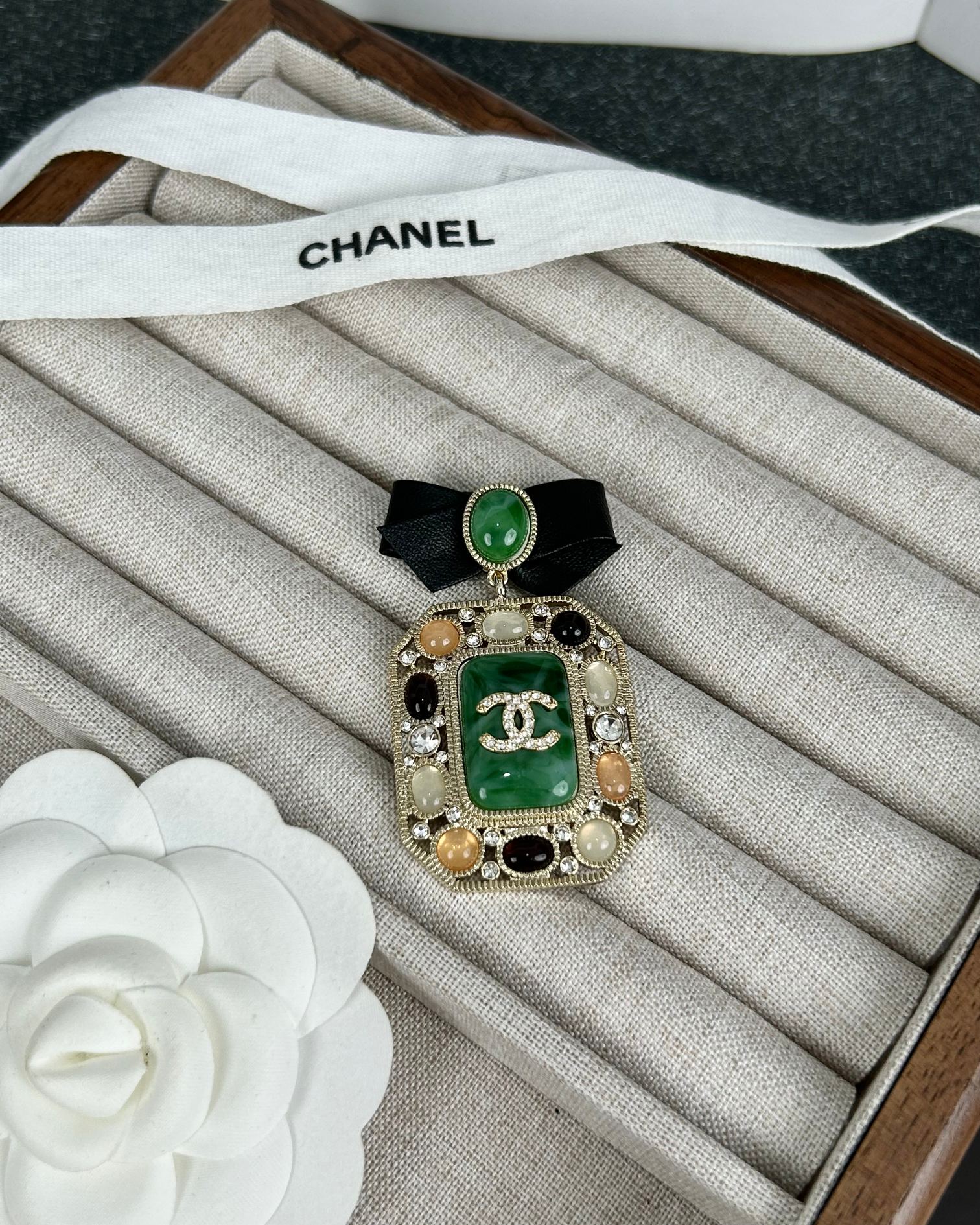 Chanel Leather Bow Multigem Emerald Brooch - Original Replica Club