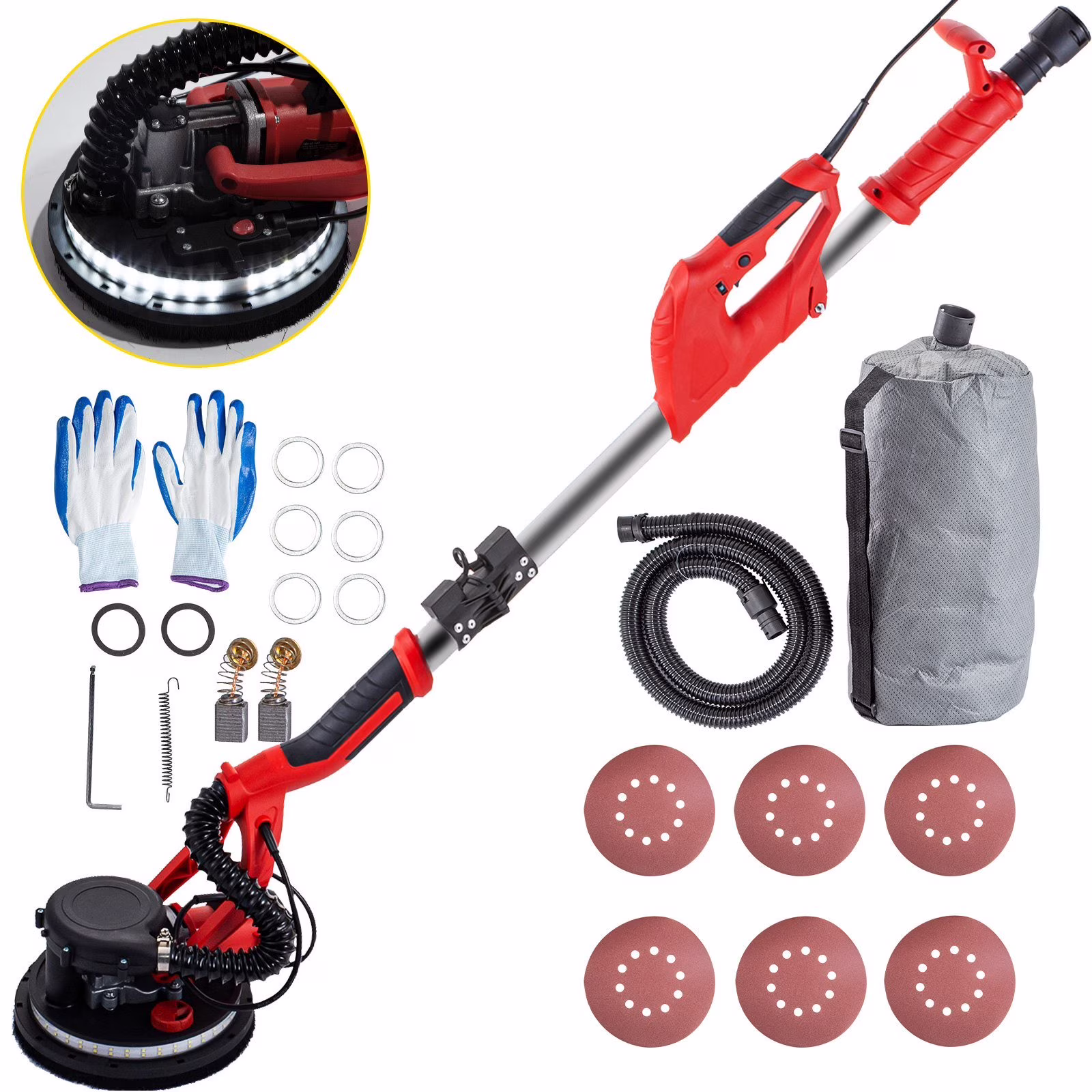 VEVOR Drywall Sander 850W, Electric Drywall Sander, Variable Speed 800 - 1750 RPM, Foldable Sheetrock Sander, with Telescope Handle, Electric Sander, with LED Strip Light and Vacuum Bag, Wall Sander