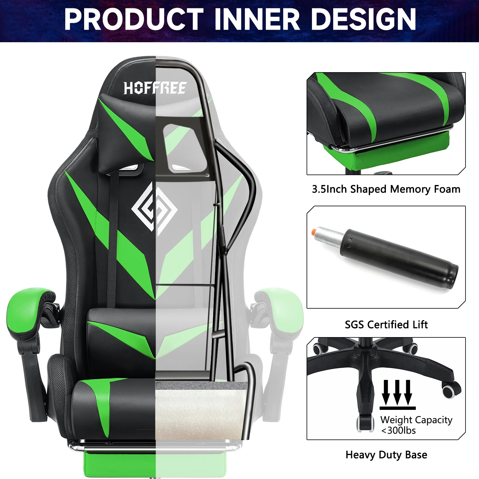 Hoffree Gaming Chair with Speakers PU Leather Office Chair with Footrest and LED Lights Ergonomic Gamer Chair with Massage Lumbar Support and Headrest Adjustable Swivel for Home Office 300lb - Image 39