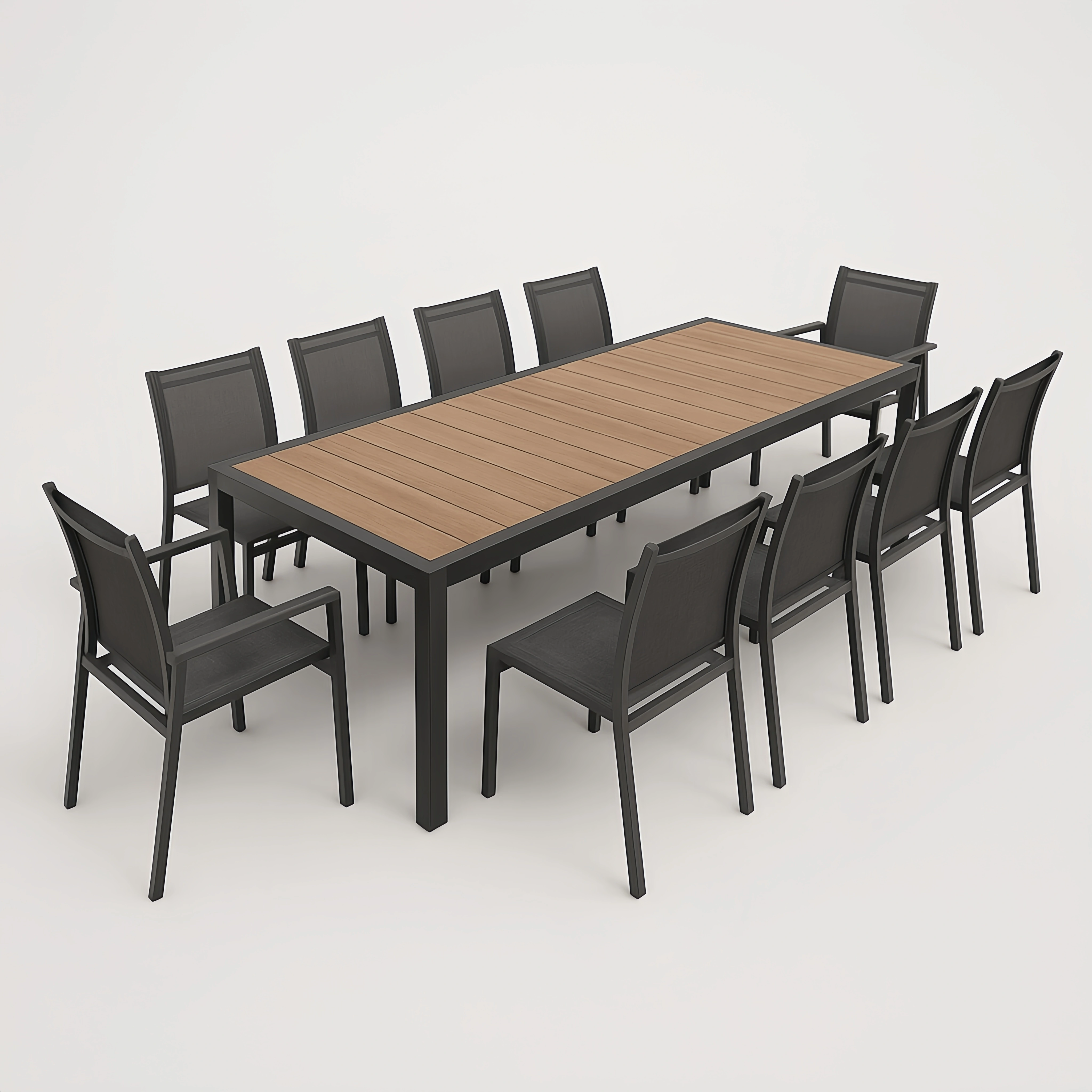 Conjunto de comedor de jardín + mesa rectangular con sillas + negro/madera natural + aluminio/sintético + exterior/interior