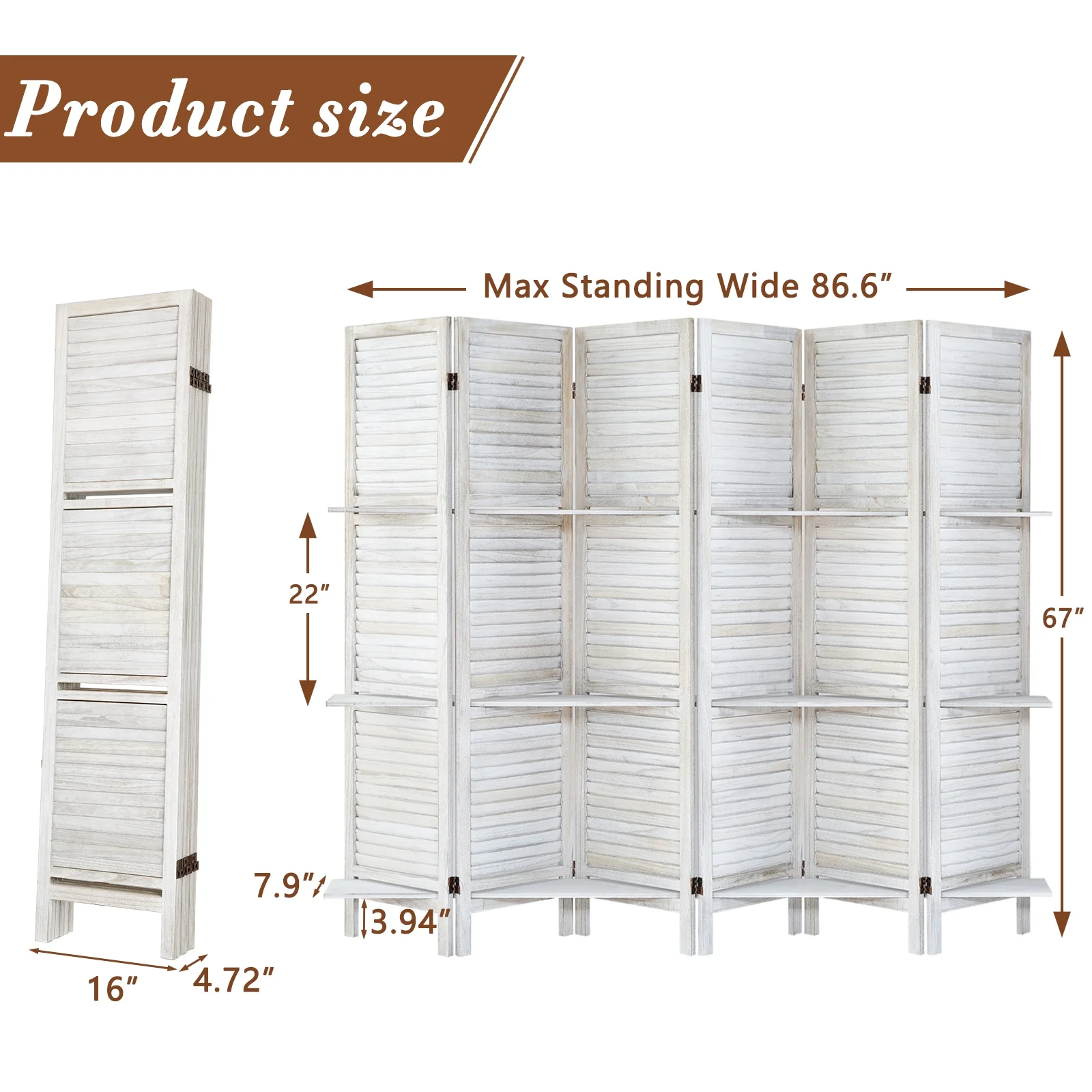 6-Panel Room Divider with Shelves5.6ft Tall Folding Privacy Screen Panels, Room Divider Wall, Divider for Room Separation, Room Divider ShelvesEffectively Block SightNatural - Image 2