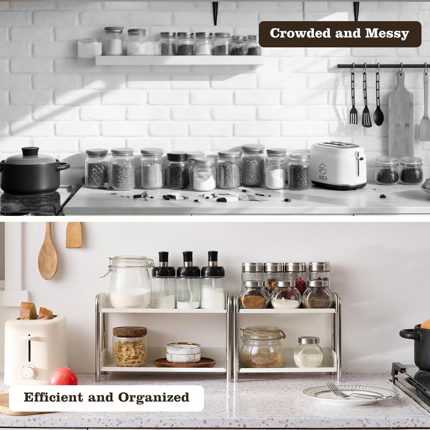 MOZIMABOX Cabinet Organizer Shelf, 2 Tier Kitchen Spice Rack Countertop Shelf Organizer, Stainless Steel Kitchen Storage Countertop Storage Shelf Container, (L, White)